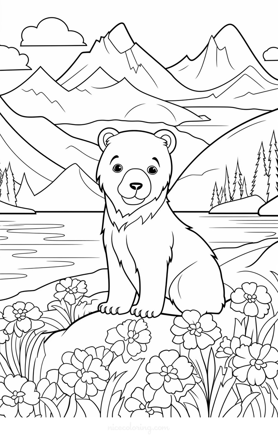 Bear playing in the forest coloring page