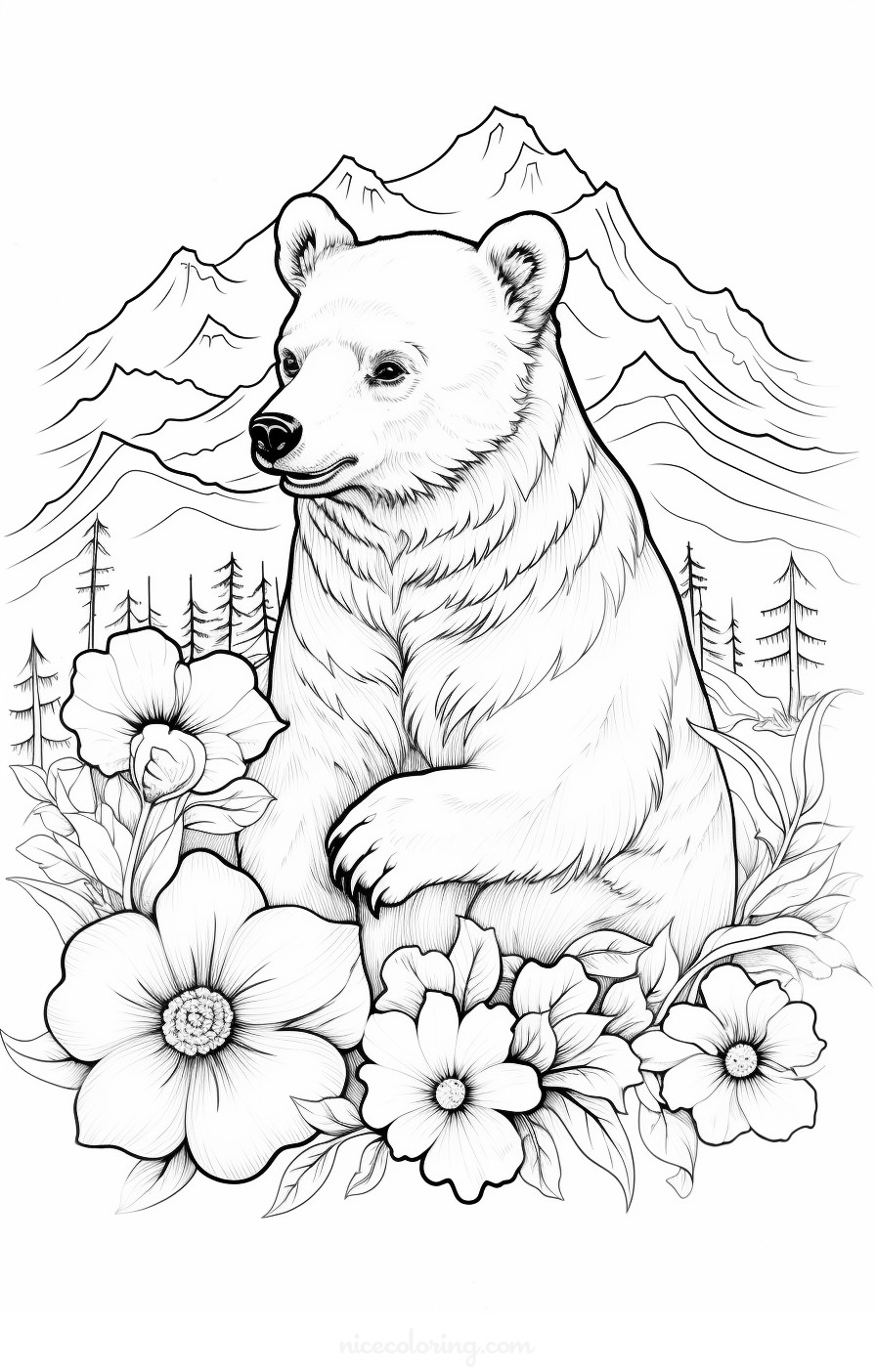 bear in a forest coloring scene