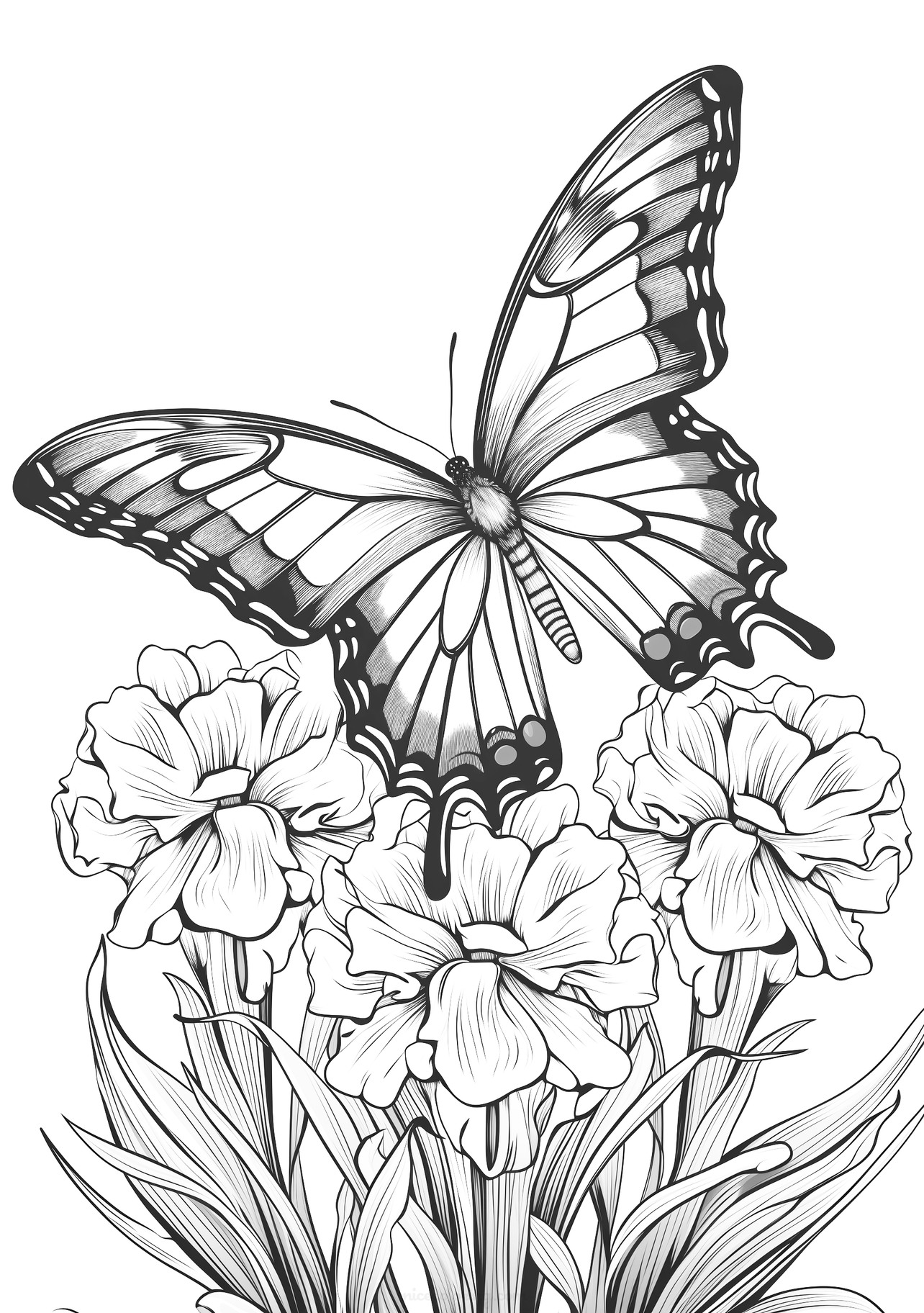 A majestic butterfly perched elegantly on blooming flowers line art