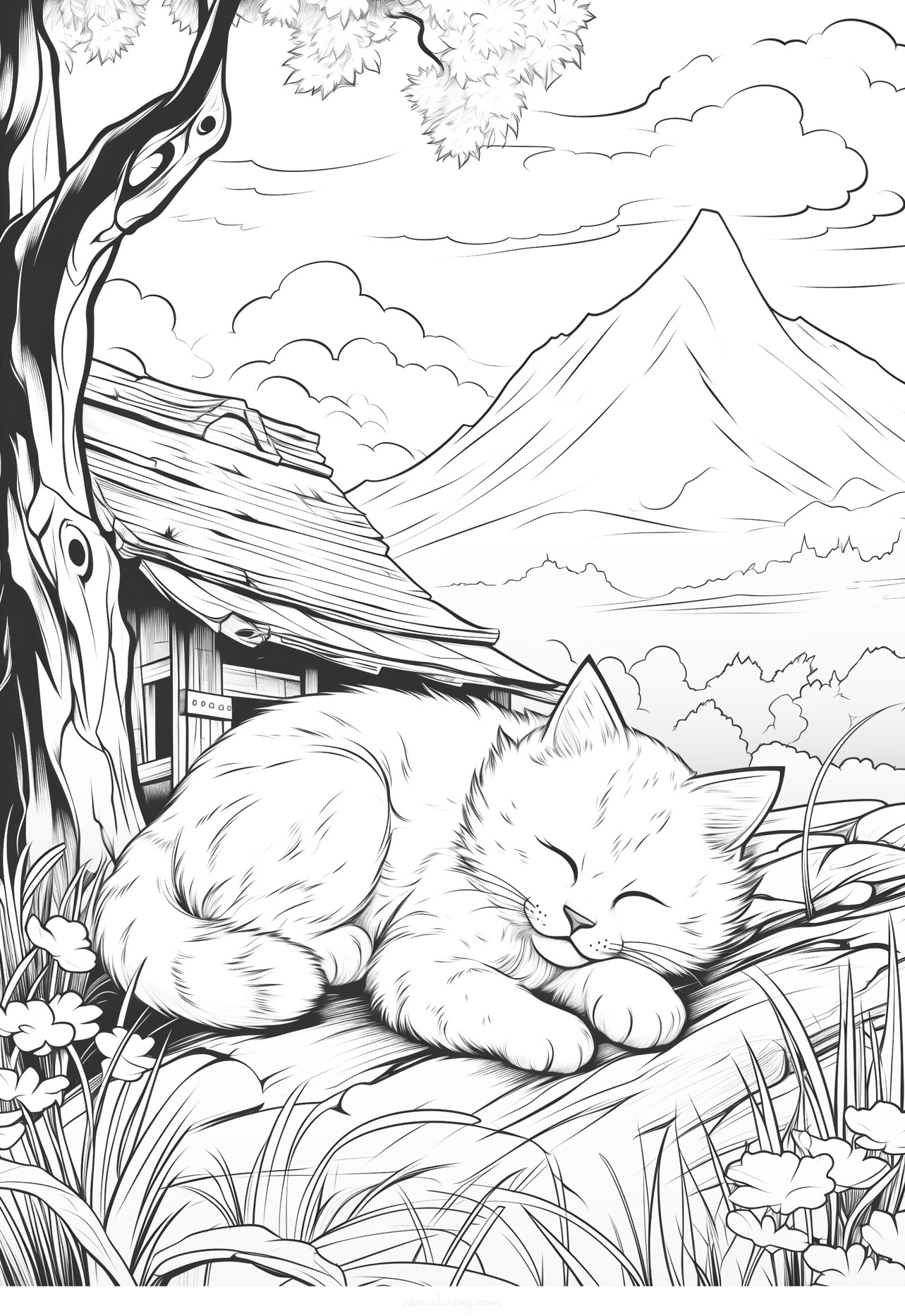 Cartoon cat playing with a ball of yarn coloring page