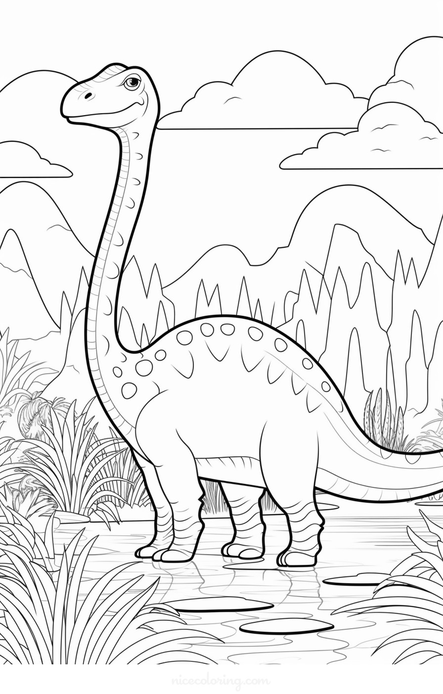 A friendly Triceratops in a prehistoric landscape coloring