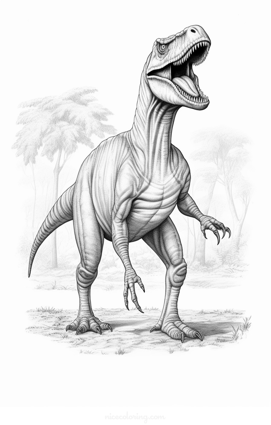 Playful T-Rex dinosaur coloring scene