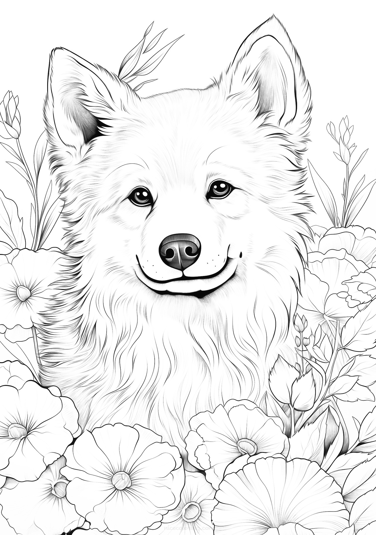 A cheerful fluffy dog nestled among blooming flowers coloring page