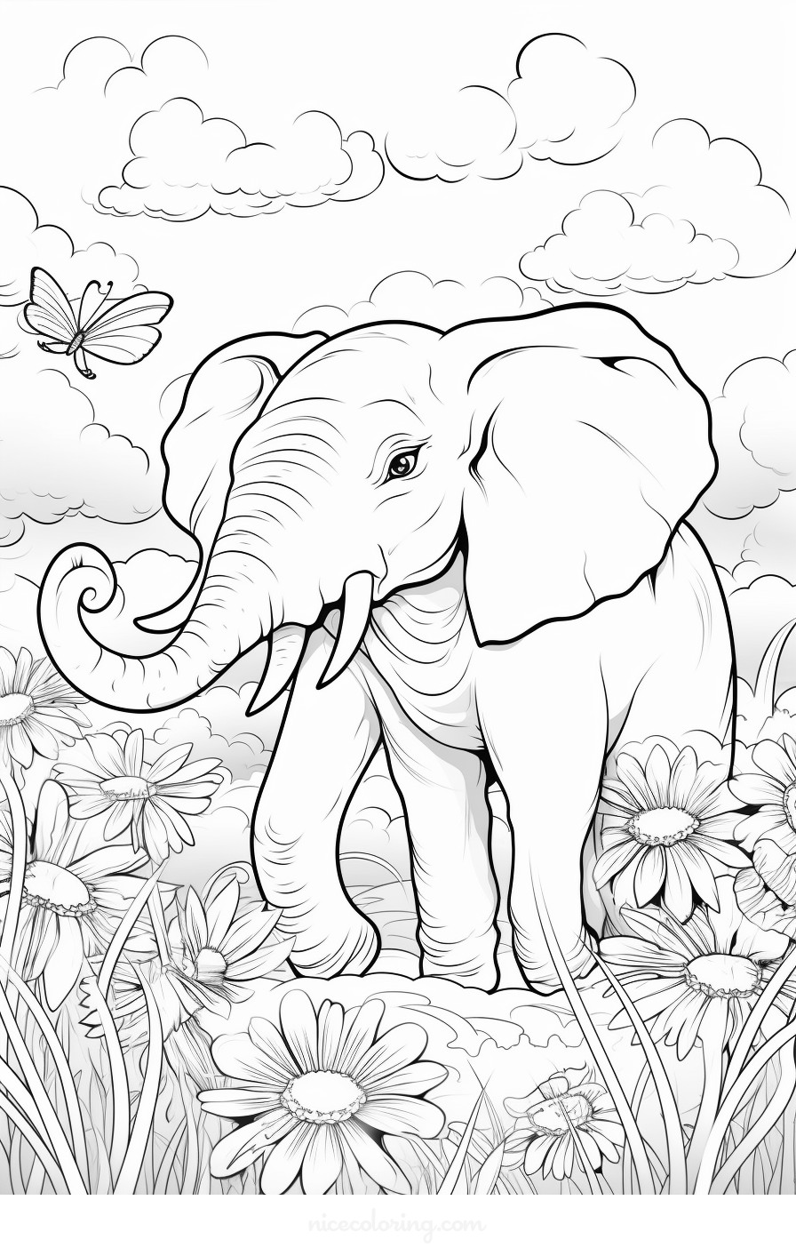 An elephant standing under a tree coloring page