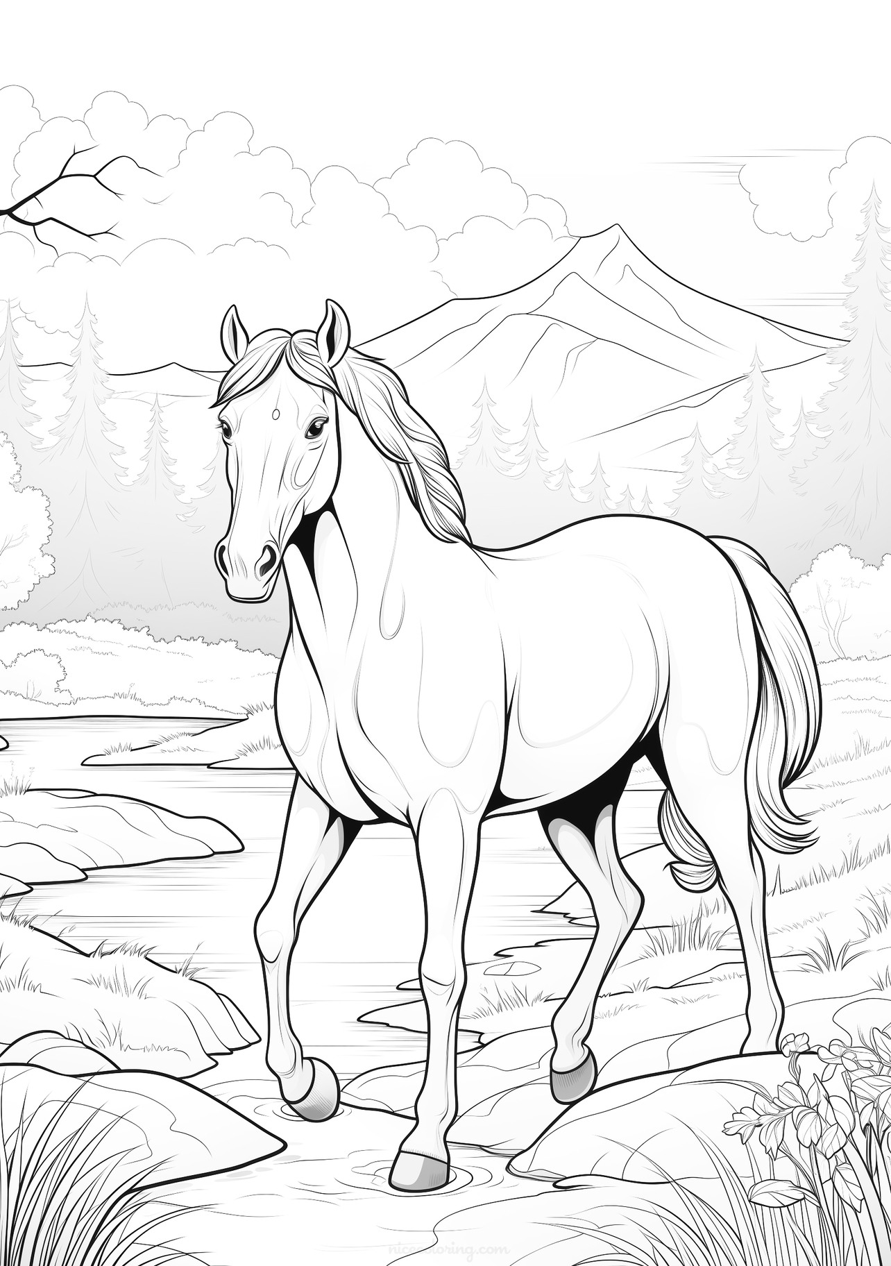 Majestic horse ready to color with a nature scenery backdrop
