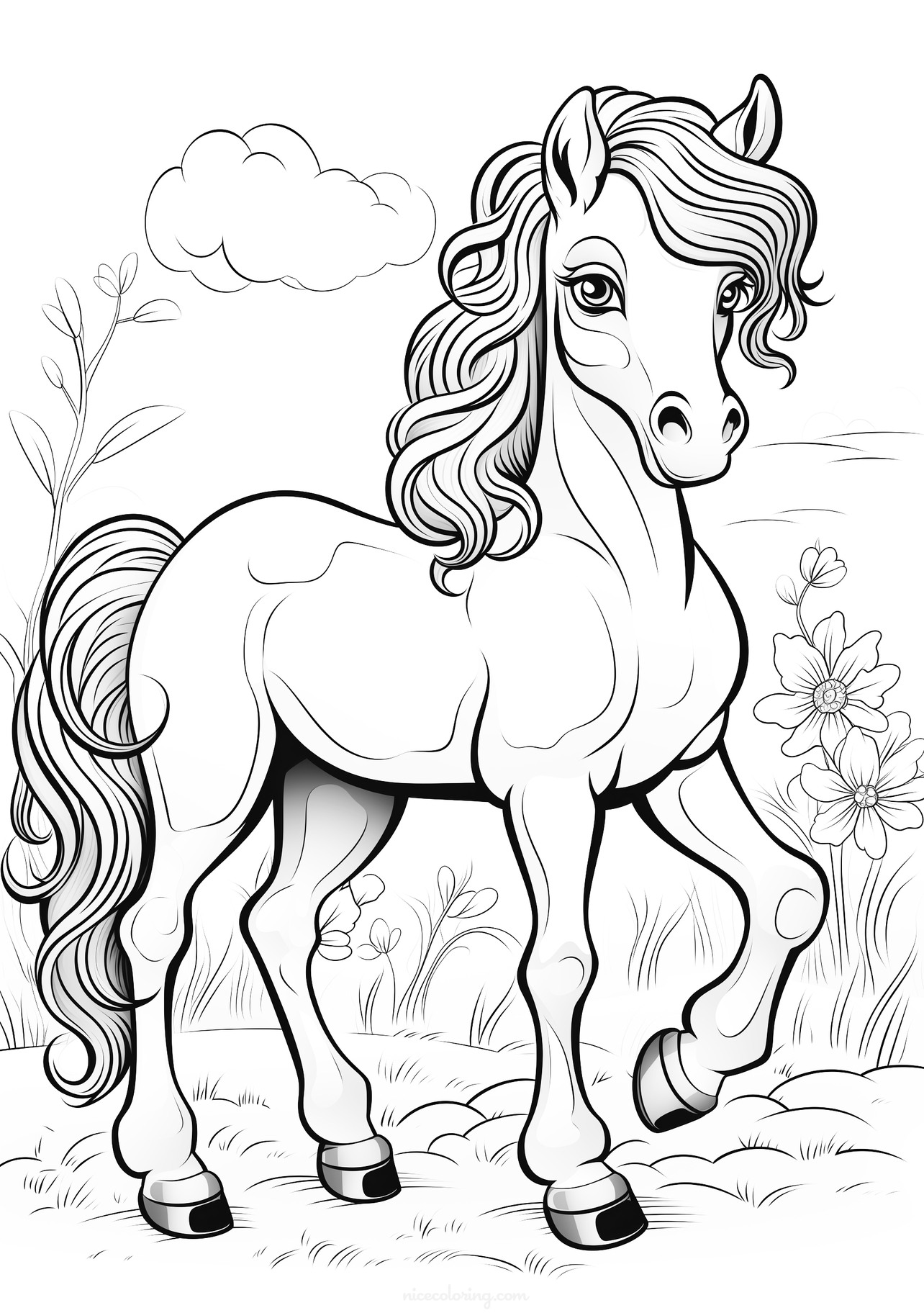 Majestic horse in a meadow coloring page