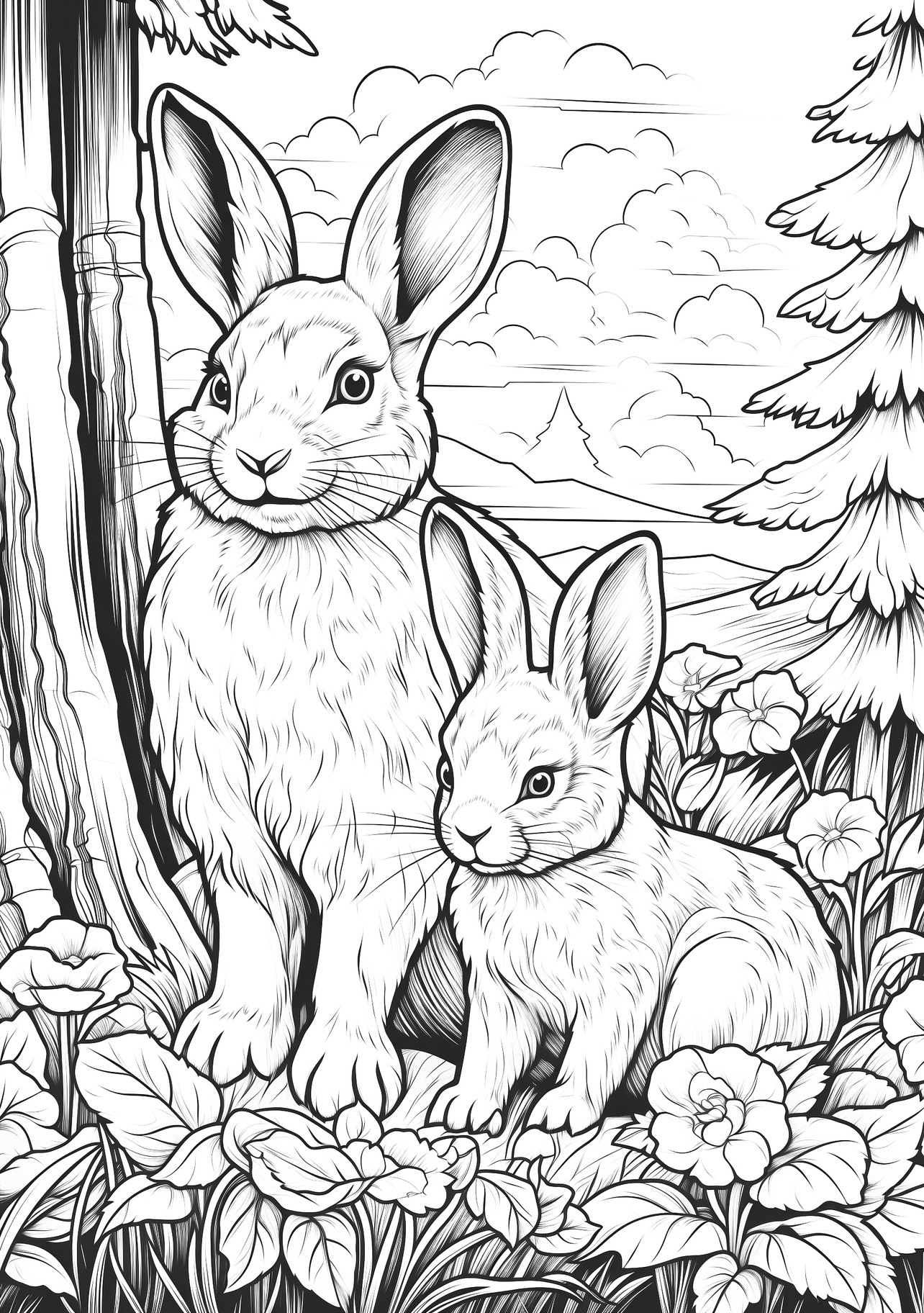 Two cute rabbits sitting among flowers and trees coloring page