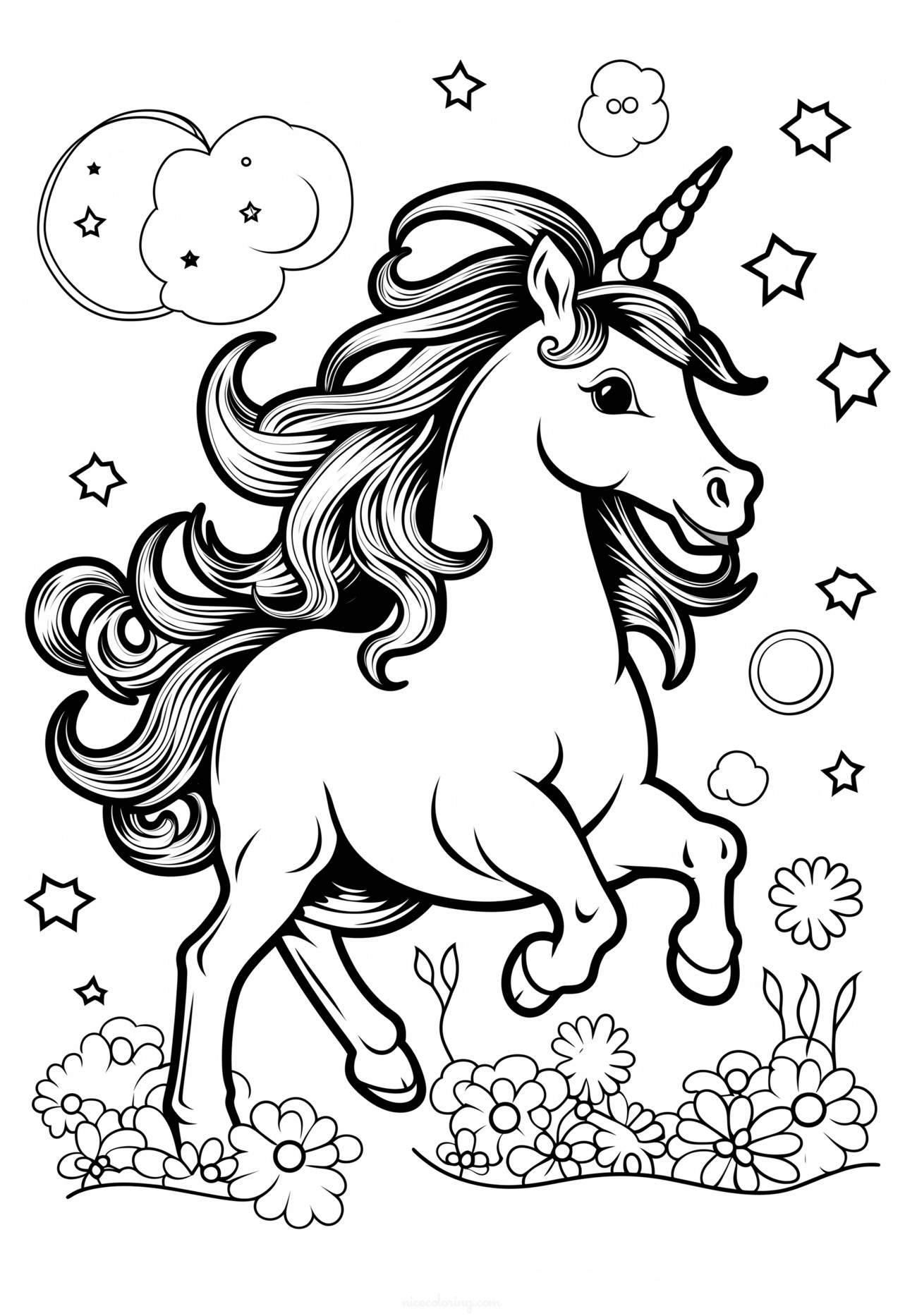 A majestic unicorn in a mystical forest coloring page