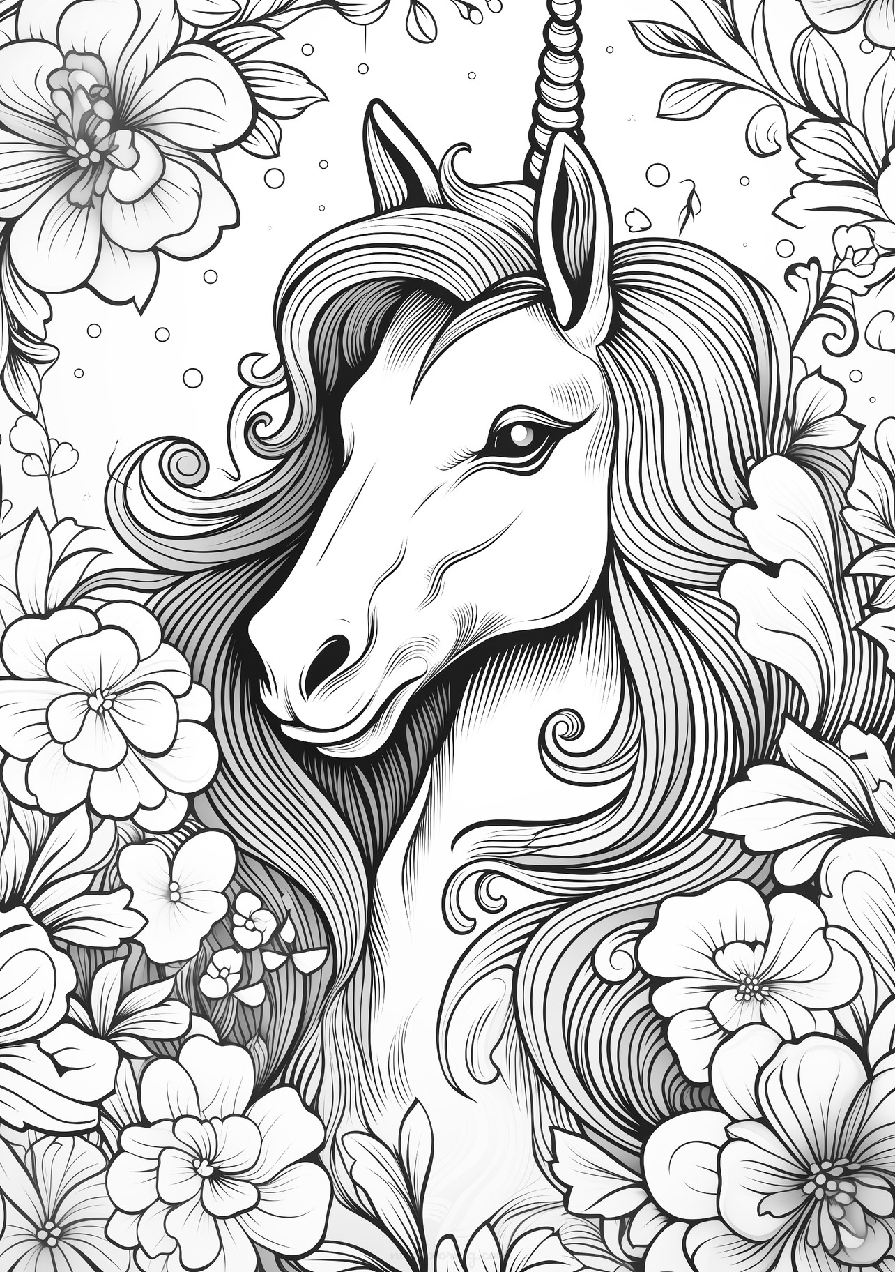 Majestic unicorn surrounded by intricate flowers ready for coloring