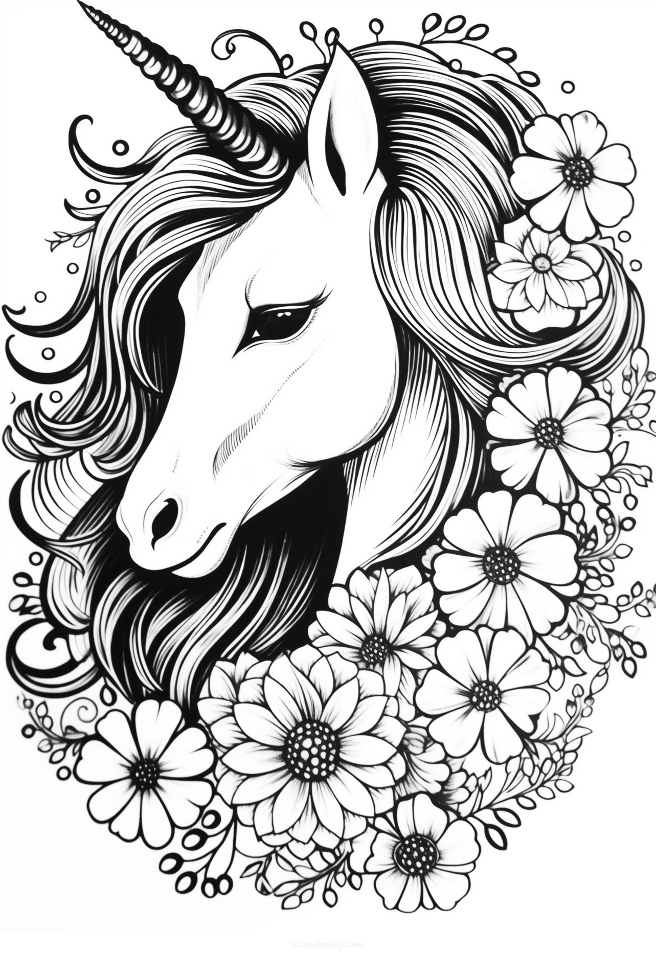 A majestic unicorn in a mystical forest coloring page