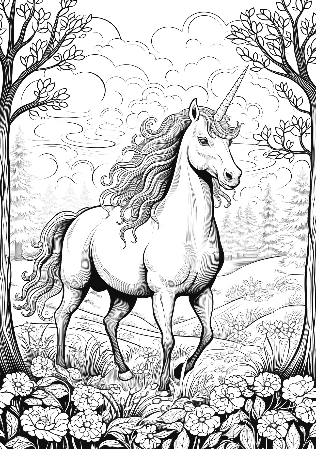 Majestic unicorn in a whimsical landscape coloring page