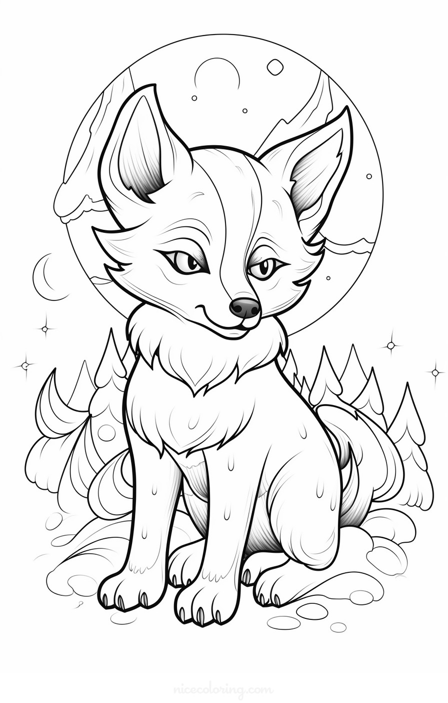 A coloring page of a majestic wolf in a forest scene