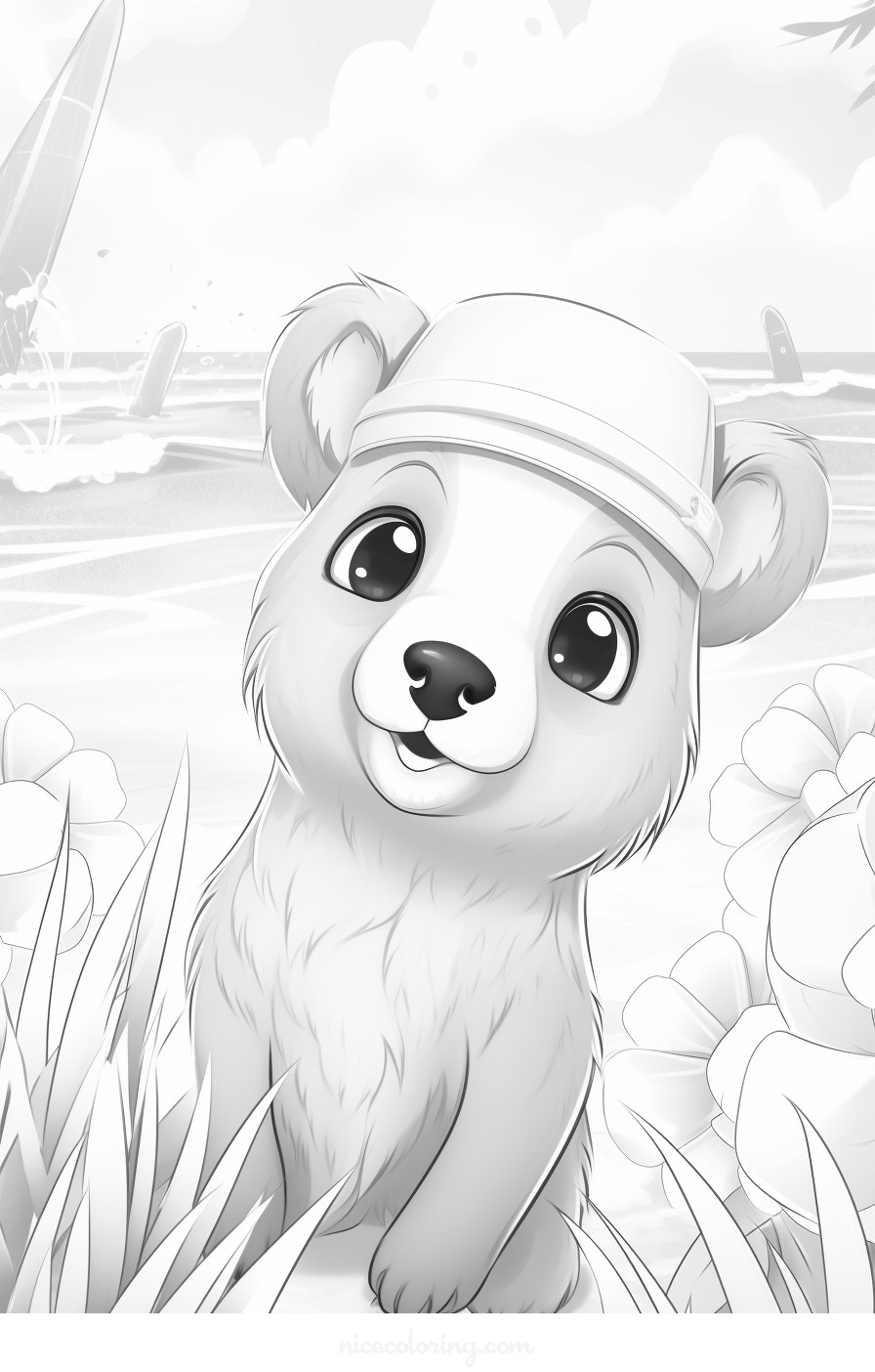 Página de colorir de um filhote de urso sentado em uma cena de floresta