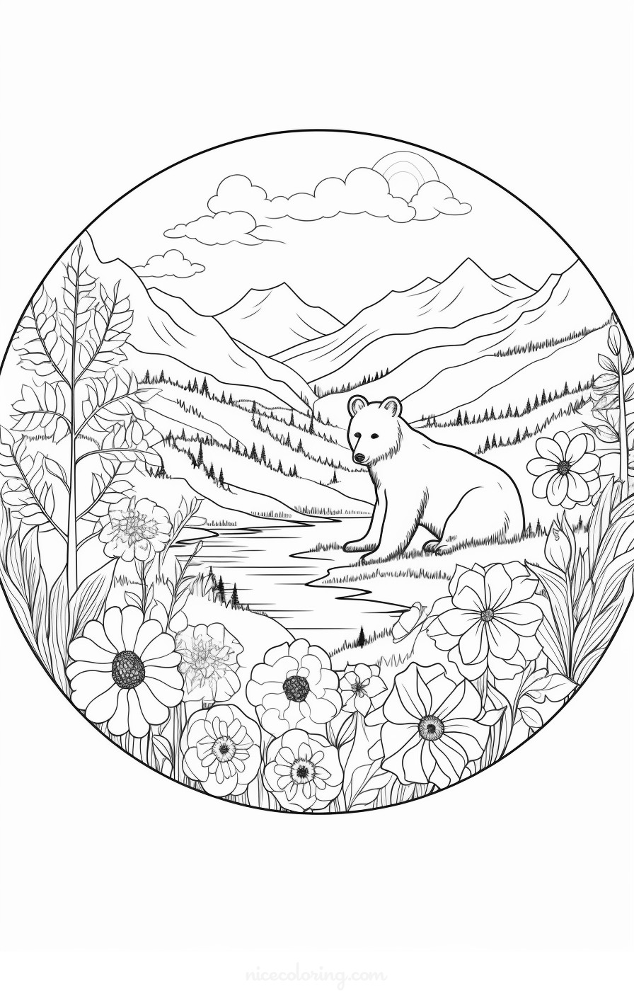 Page de coloriage d'une famille d'ours dans la forêt