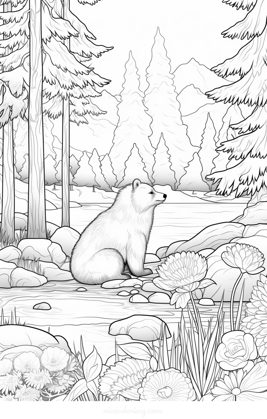 Page à colorier d'une famille d'ours jouant dans la forêt