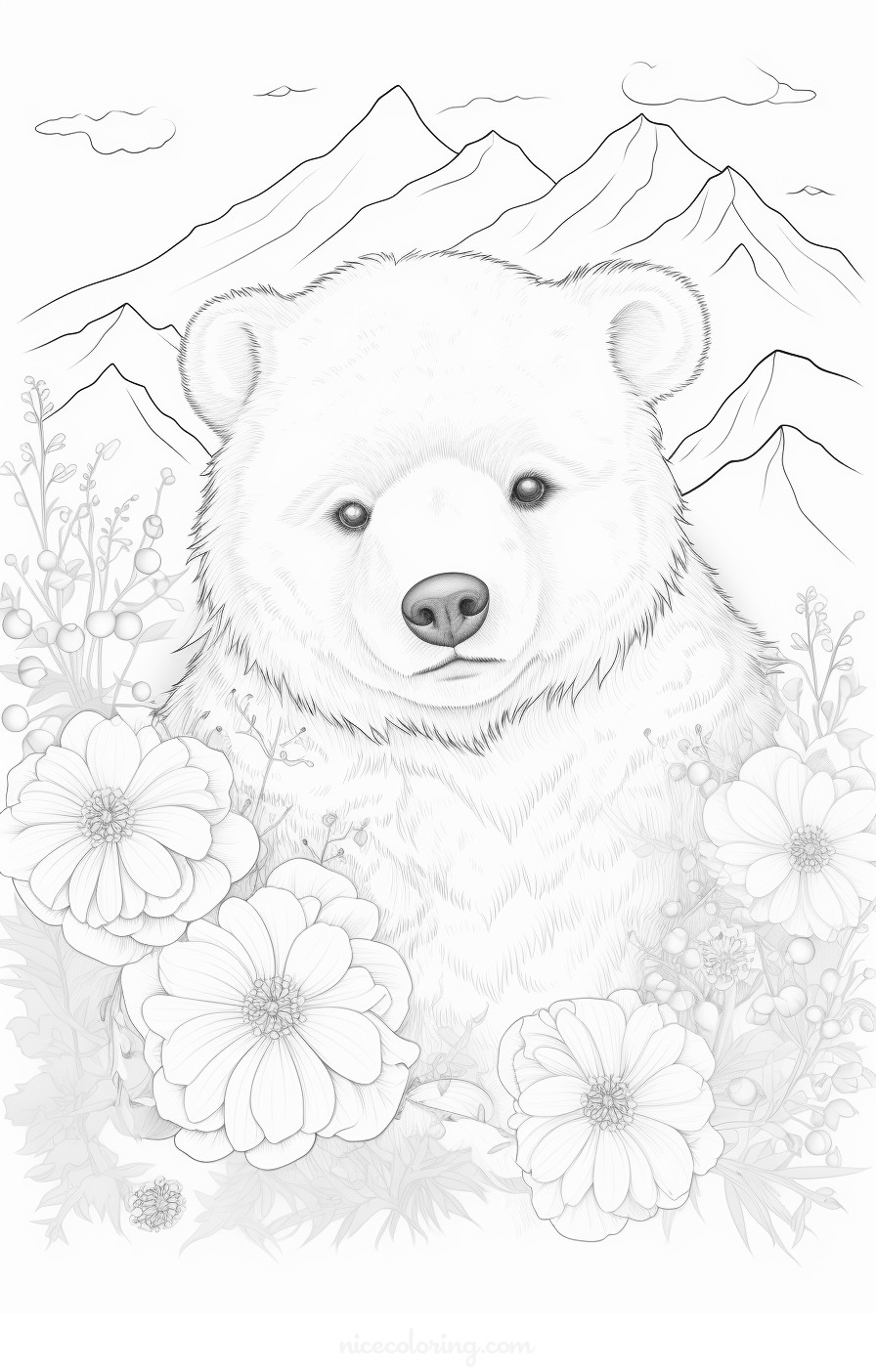 Scène paisible d'un ours dans la forêt à colorier
