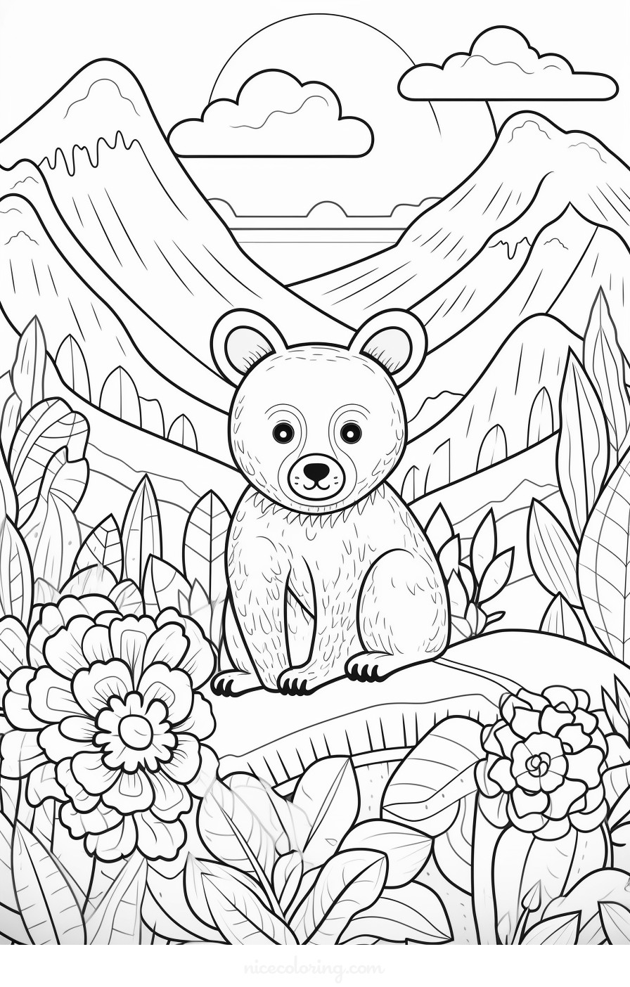 Scène de coloriage d'une famille d'ours dans la forêt