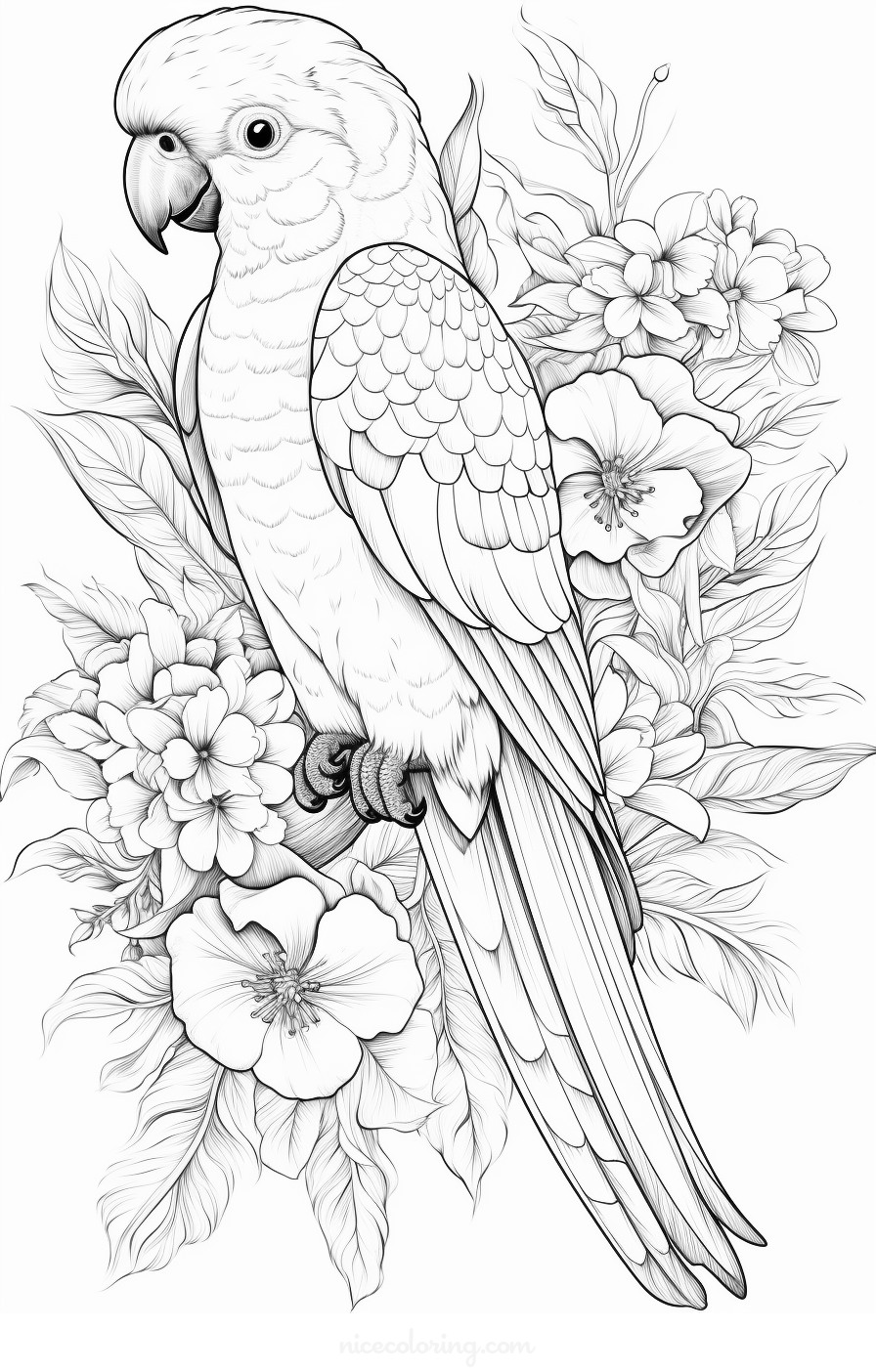 Página de colorear de colibrí cerca de flores