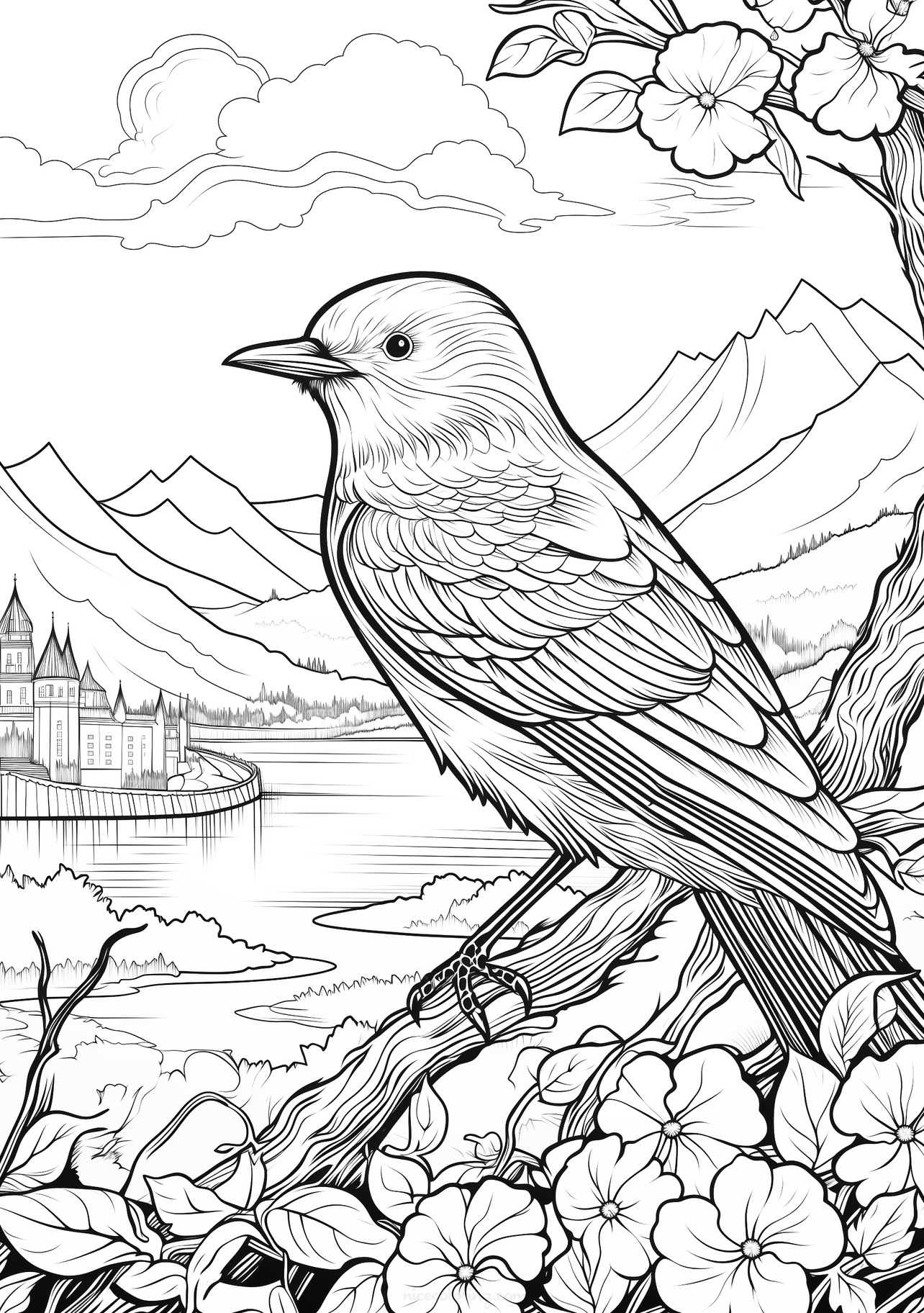Desenho de um pássaro em um galho com flores e montanhas ao fundo para colorir