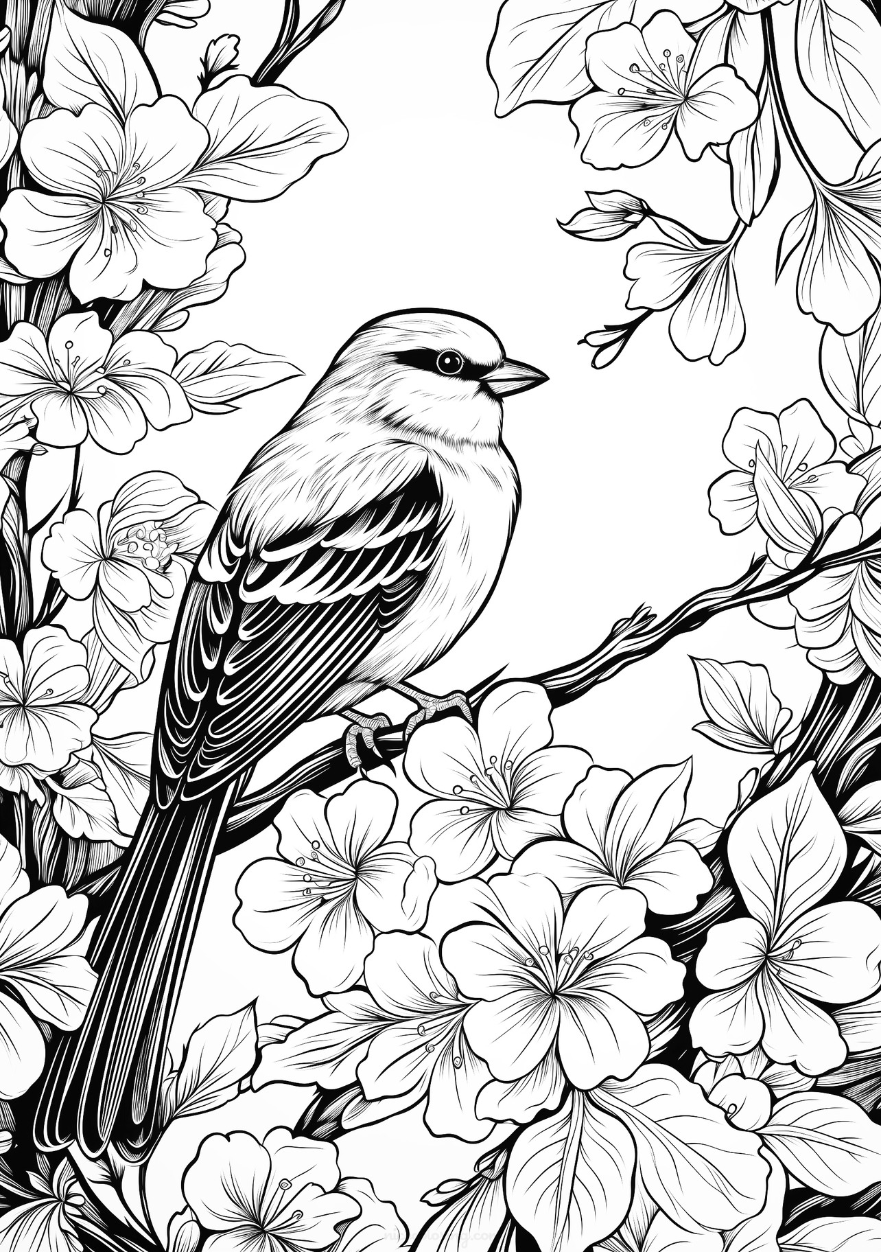 Раскраска с изображением птицы на ветке в окружении цветов