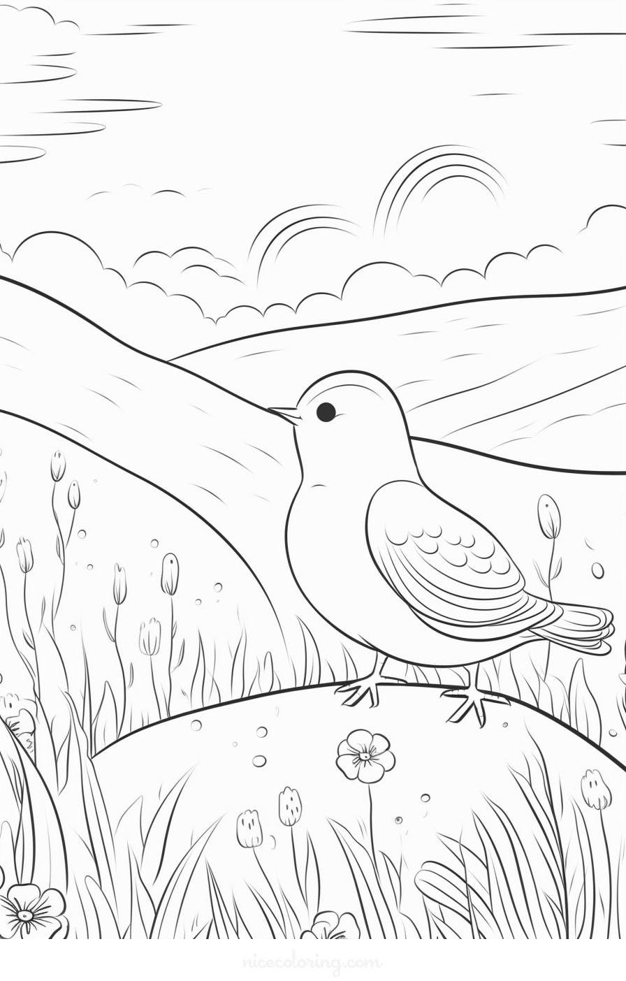 खिलती शाखा पर बैठा हुआ रंग-बिरंगा पक्षी