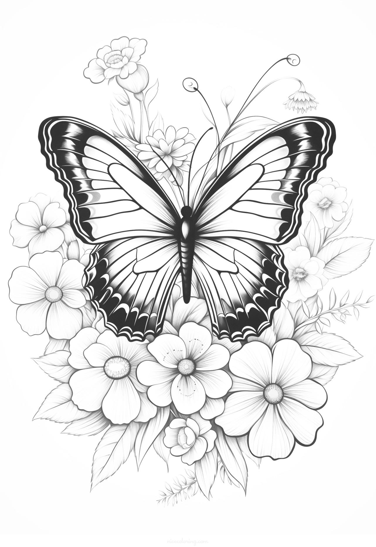 Kleurplaat van vlinder op een bloem