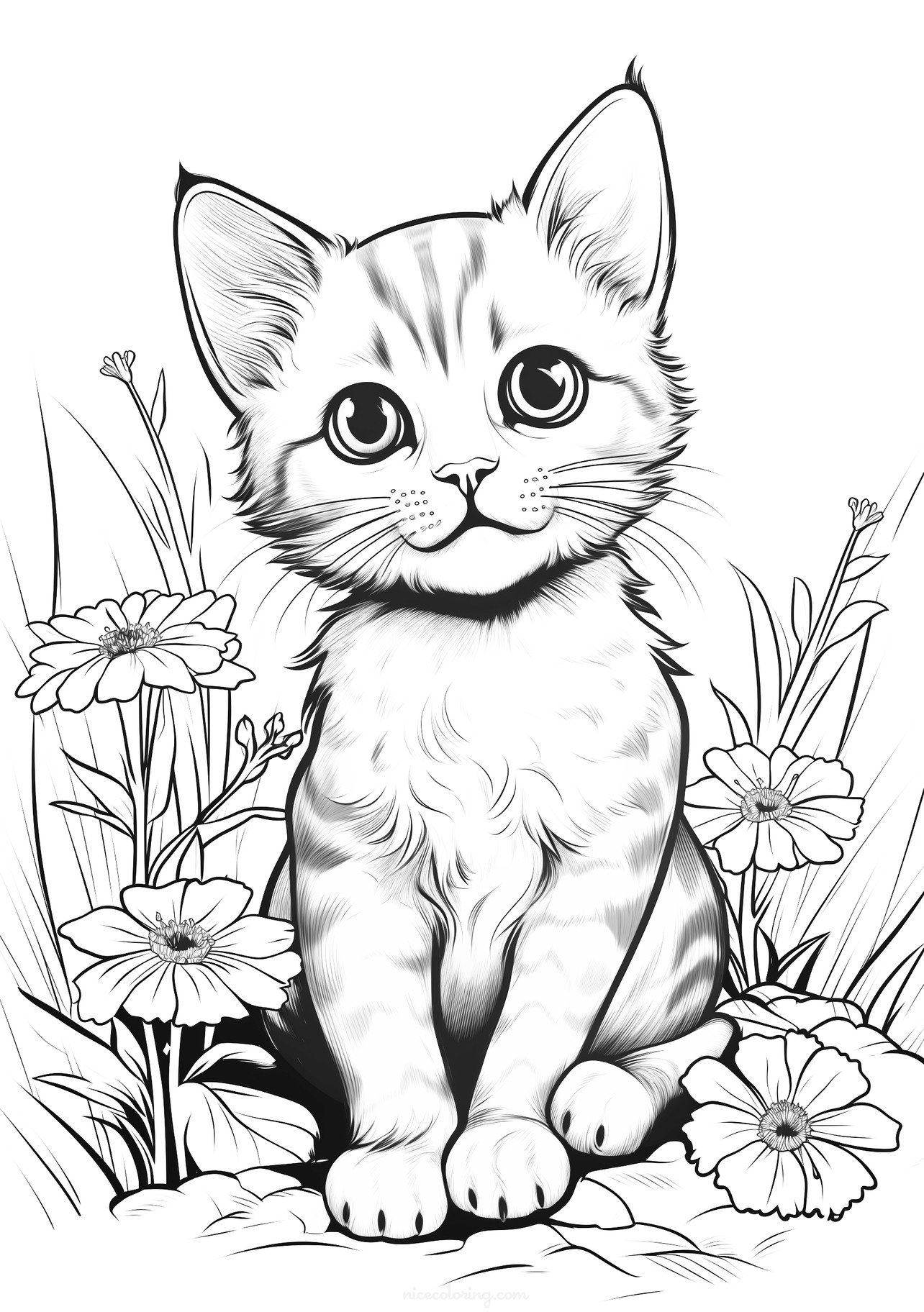Милый кот сидит среди распустившихся цветов