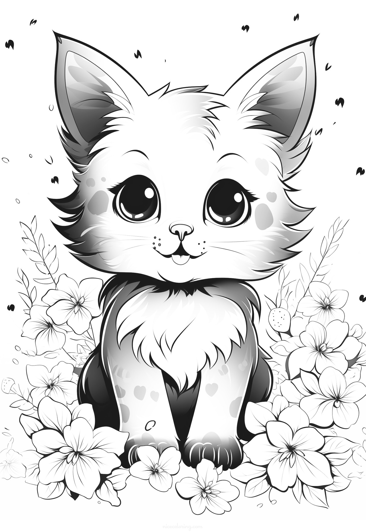 Desenho de colorir de gato ao lado de vaso de flores