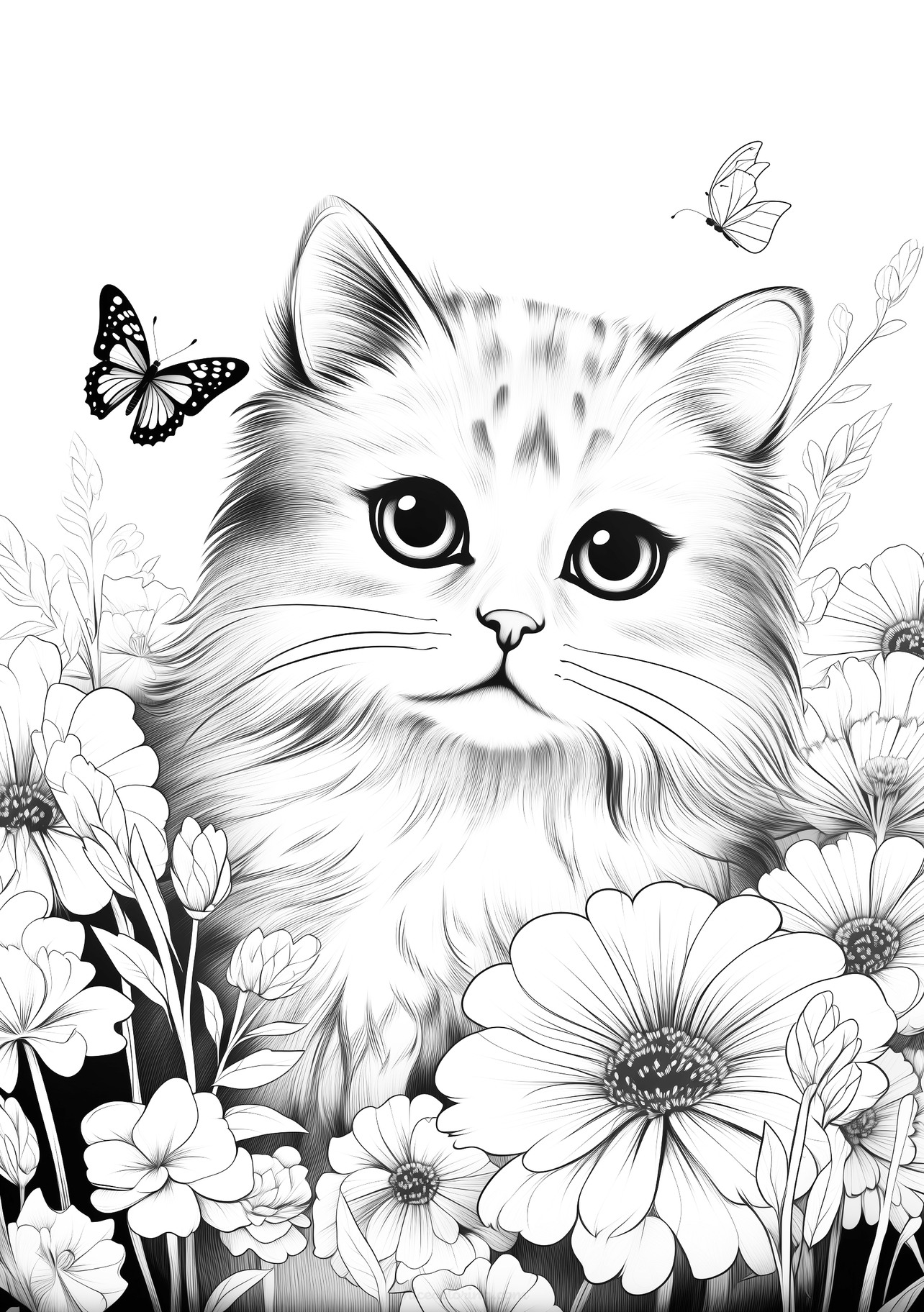 一只毛茸茸的猫咪与蝴蝶和花朵的着色画