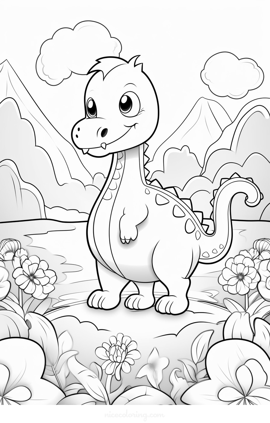 Uma cena detalhada de dinossauros para colorir.