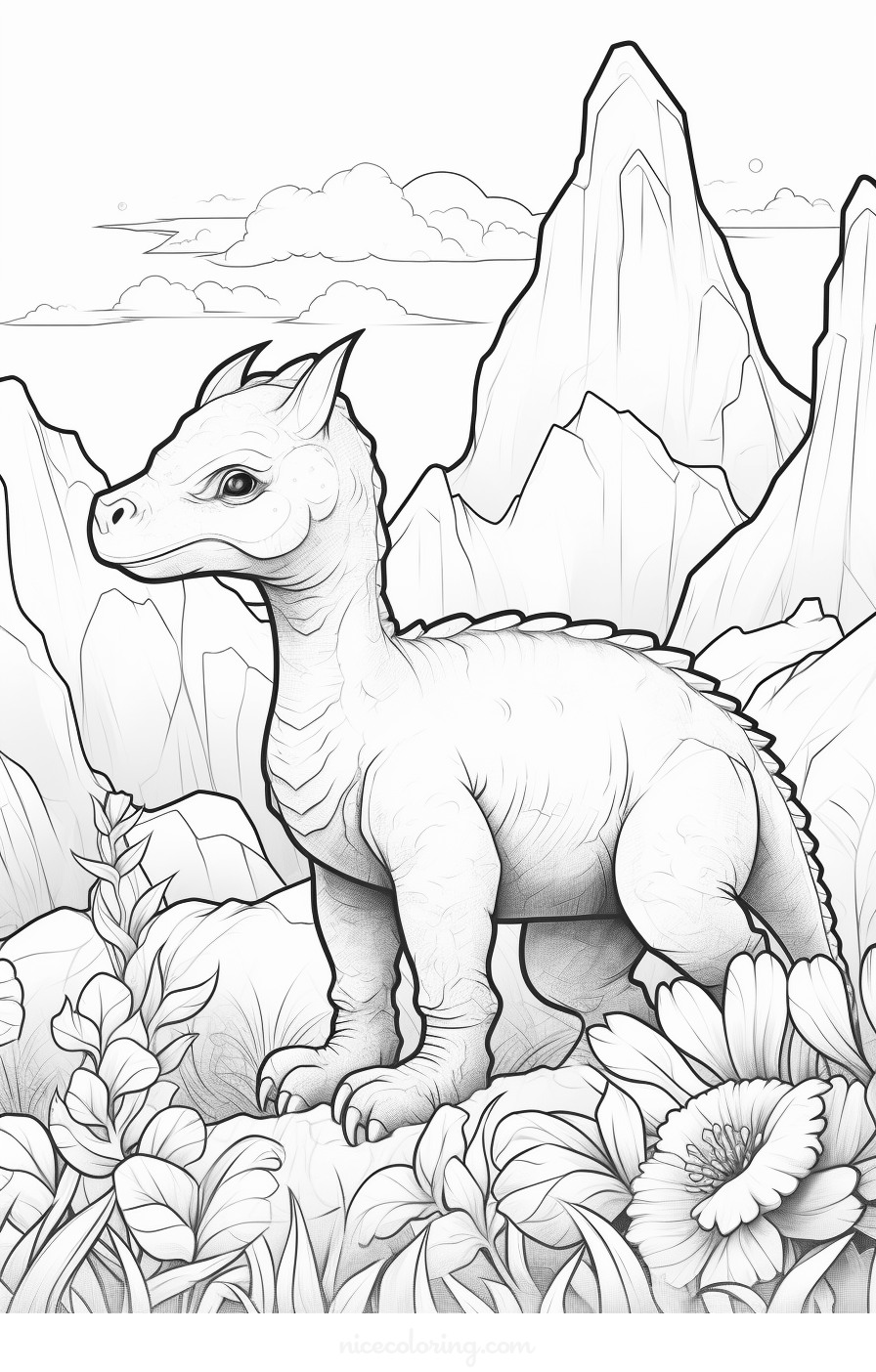 Dinosaurio en un paisaje prehistórico para colorear