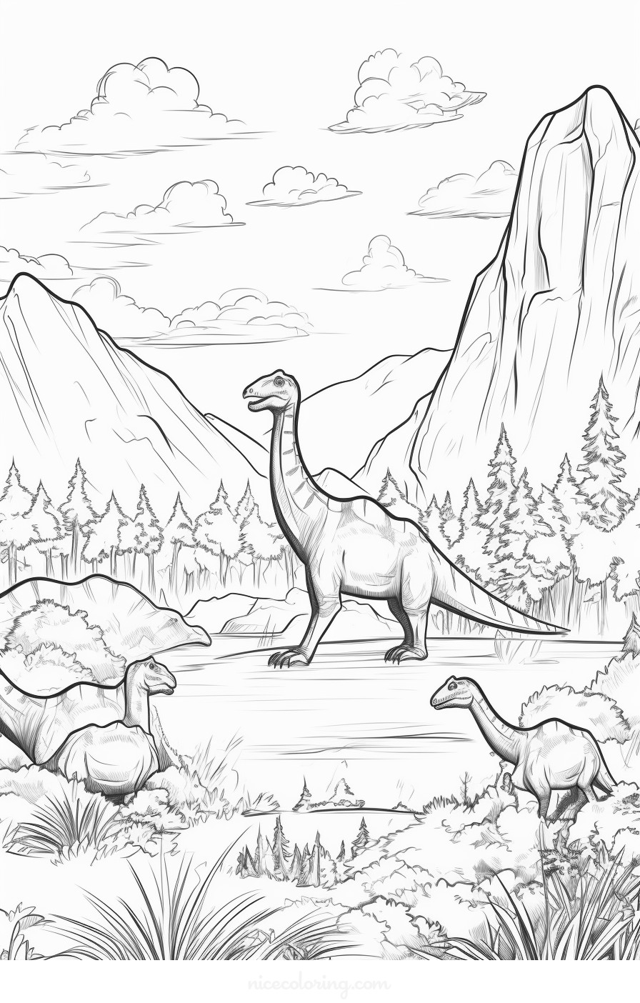 Um T-Rex perseguindo dinossauros menores em uma paisagem pré-histórica