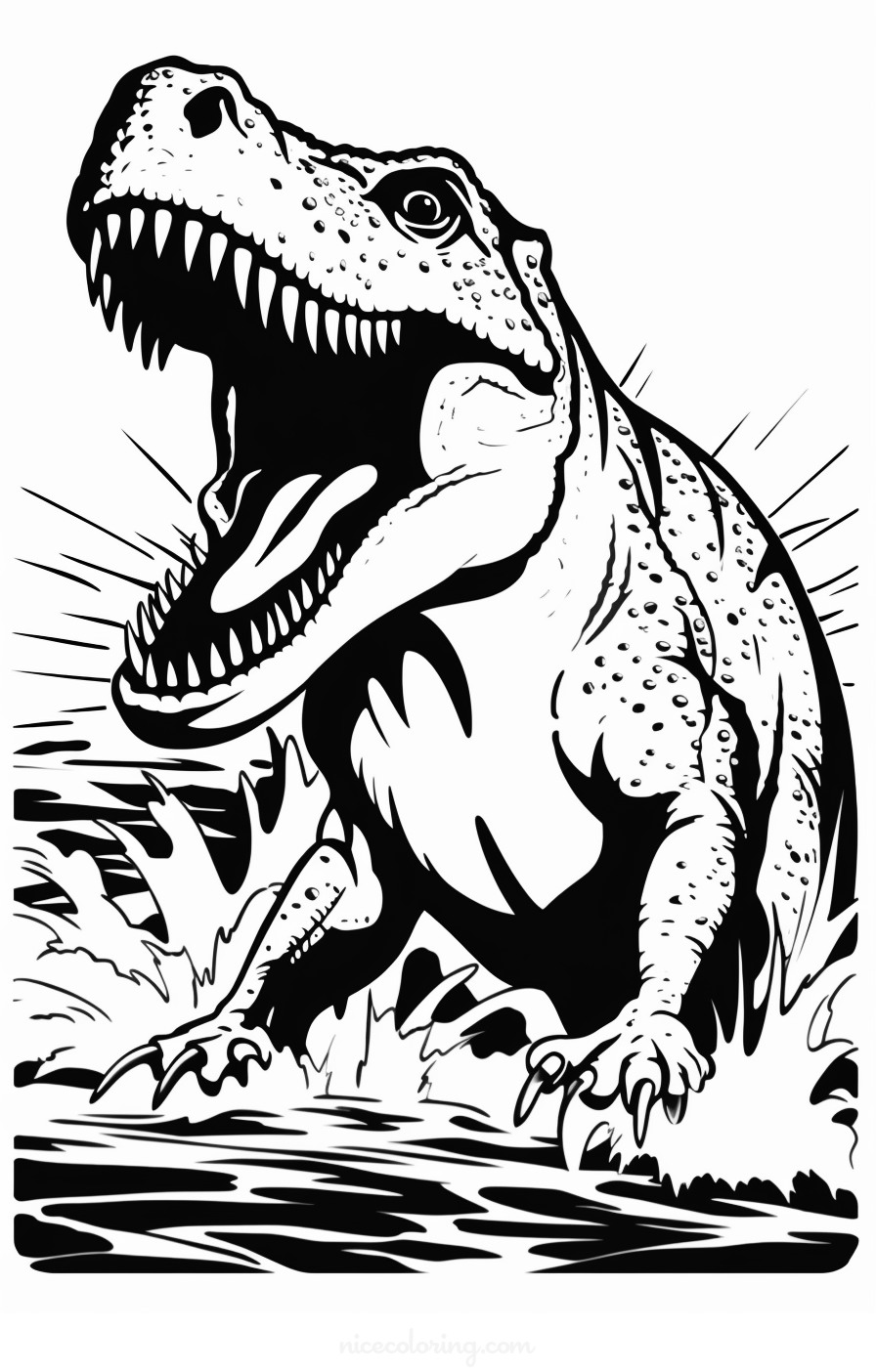 Um Tiranossauro Rex perseguindo um Tricerátopo na selva.