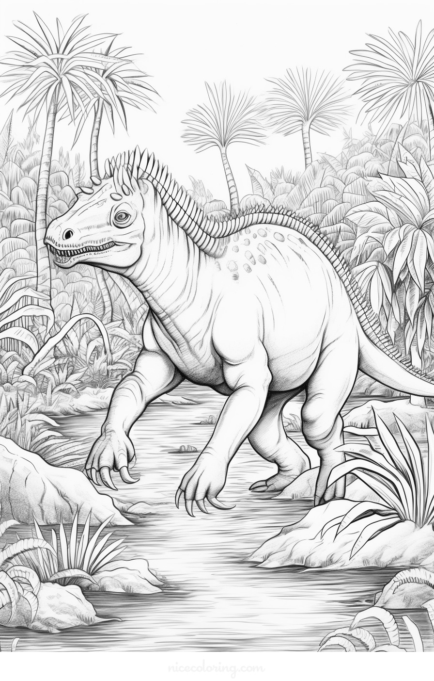 page de coloriage T-Rex dans son habitat naturel