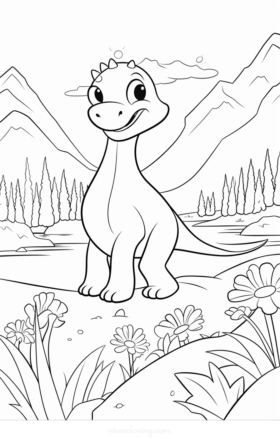 T-Rex dans un paysage préhistorique à colorier