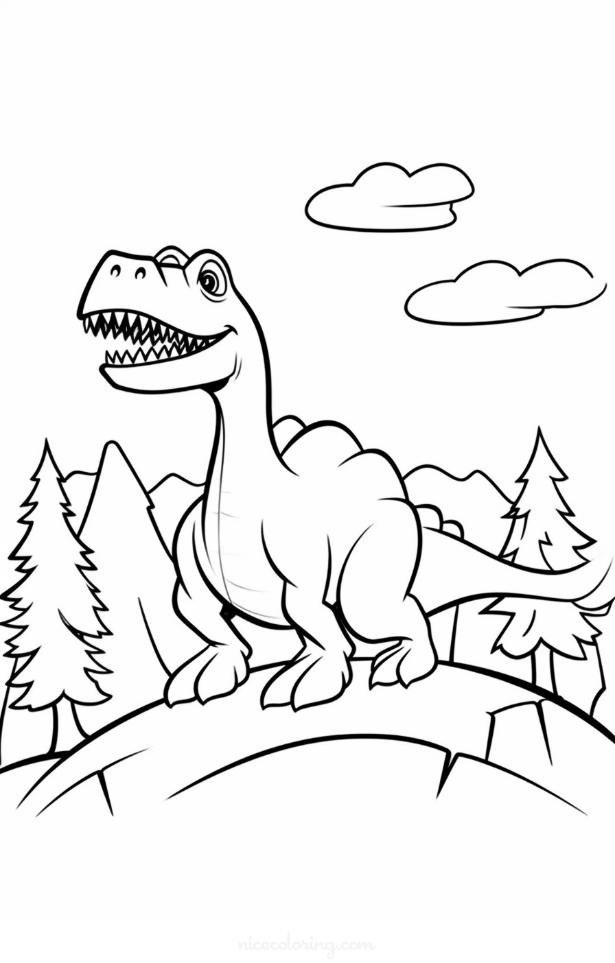 Um Tiranossauro Rex caminhando pela terra com vulcões ao fundo
