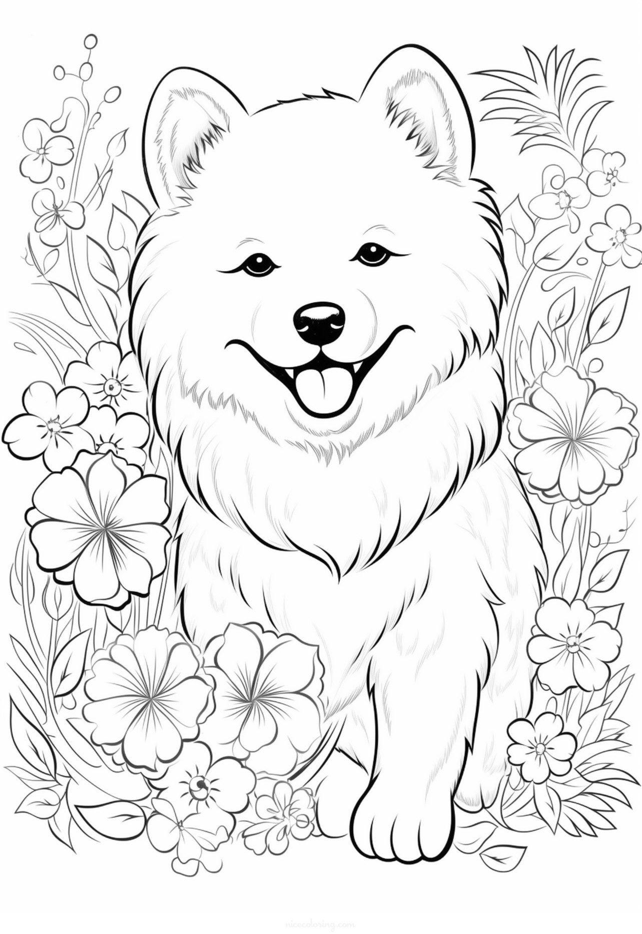 Dog happily sitting with a wagging tail coloring page