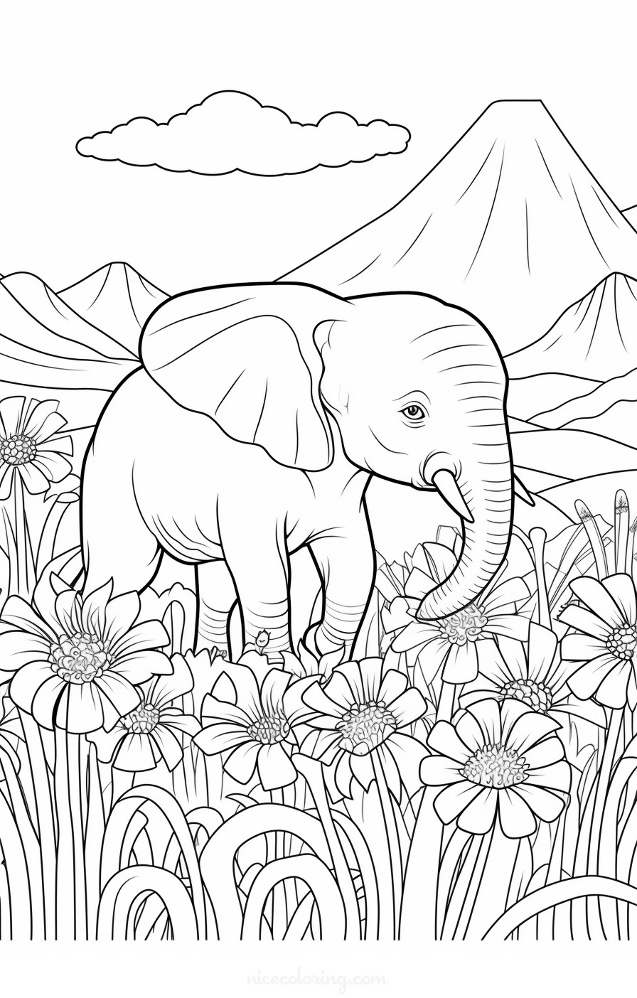 Page de coloriage d’un éléphanteau jouant avec de l’eau