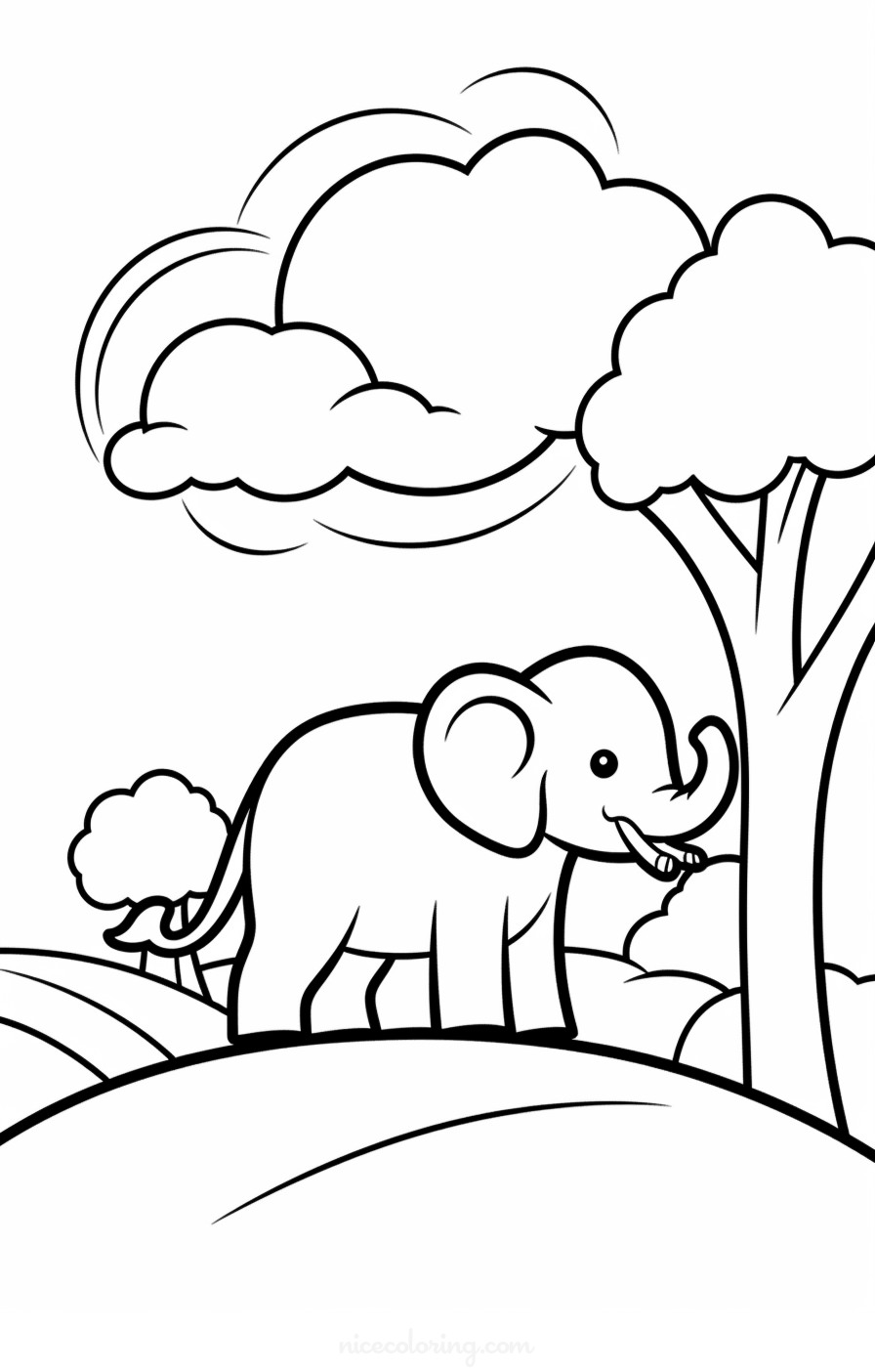 Famille d'éléphants dans une scène naturelle de coloriage