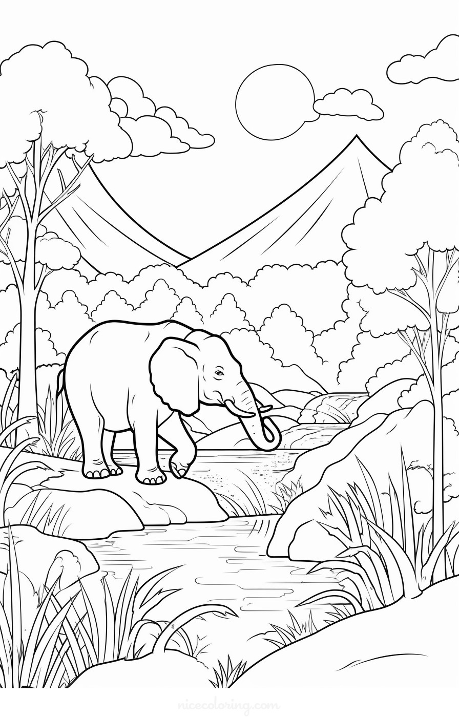 Elephant standing by a waterhole coloring