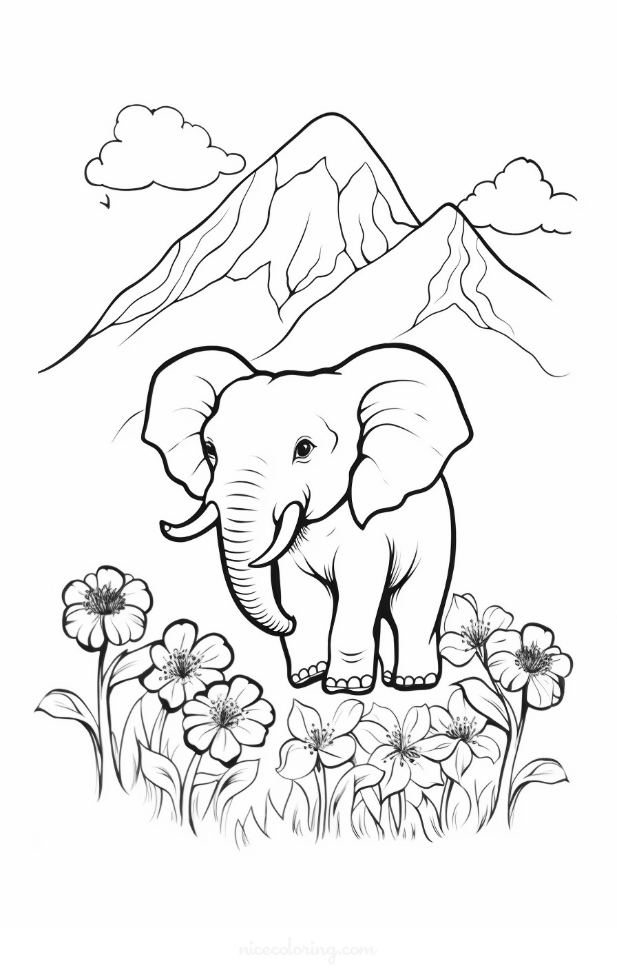 Page de coloriage de famille d'éléphants dans la forêt