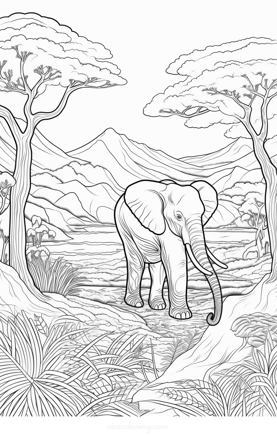 Família de elefantes se divertindo na floresta para colorir