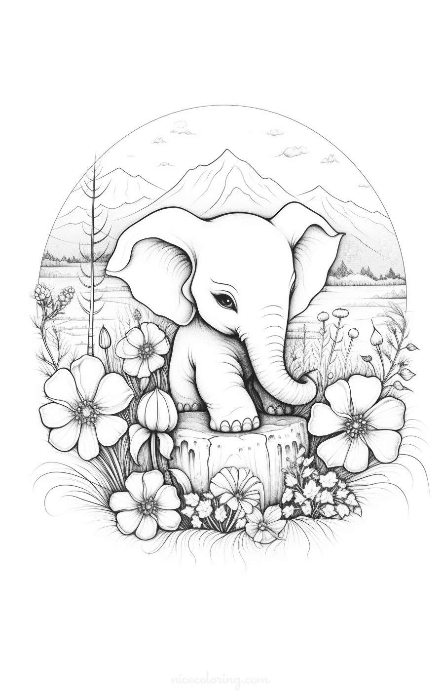 صفحة تلوين لعائلة فيلة تستريح تحت شجرة