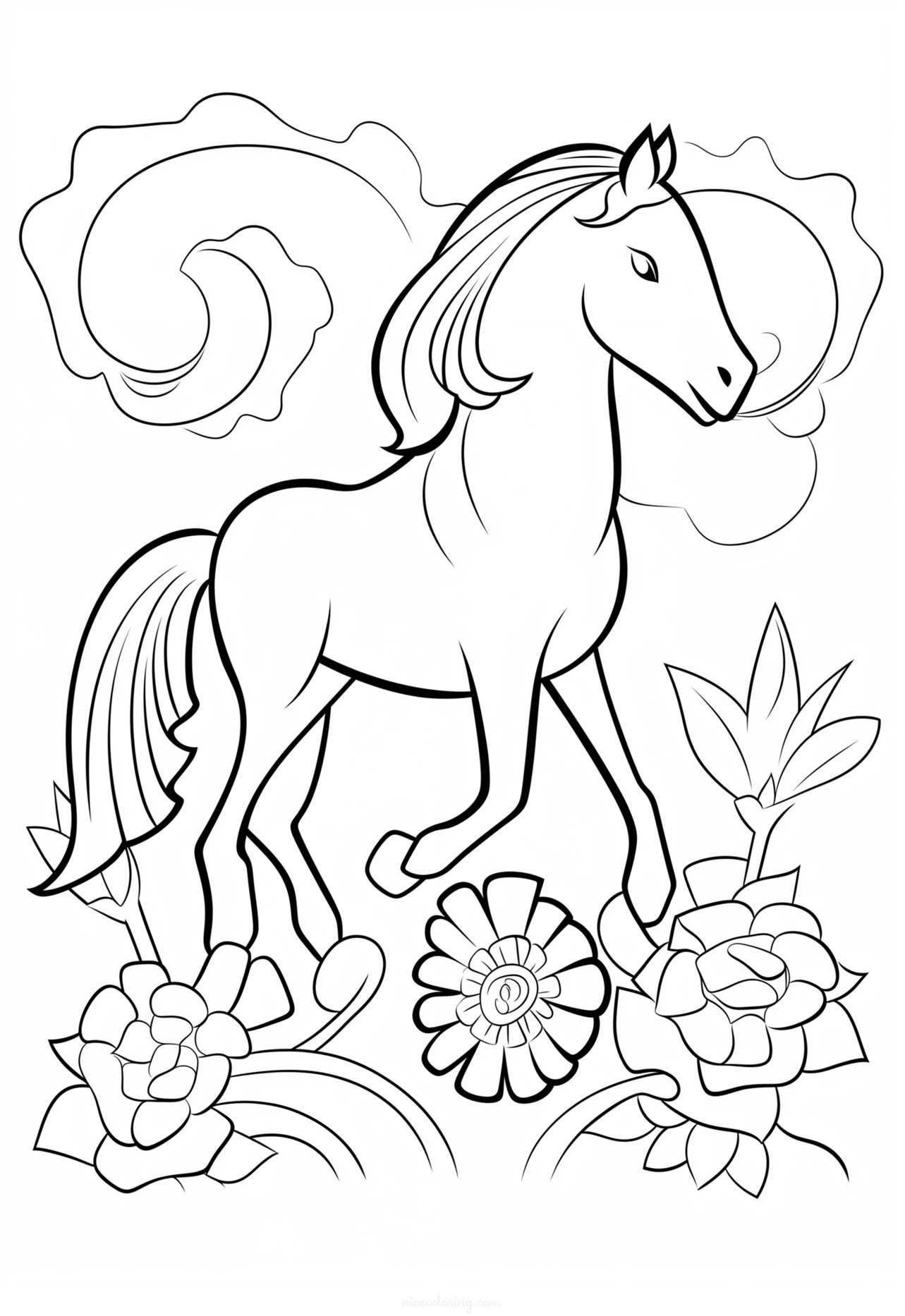 Cavallo selvaggio in un campo fiorito da colorare