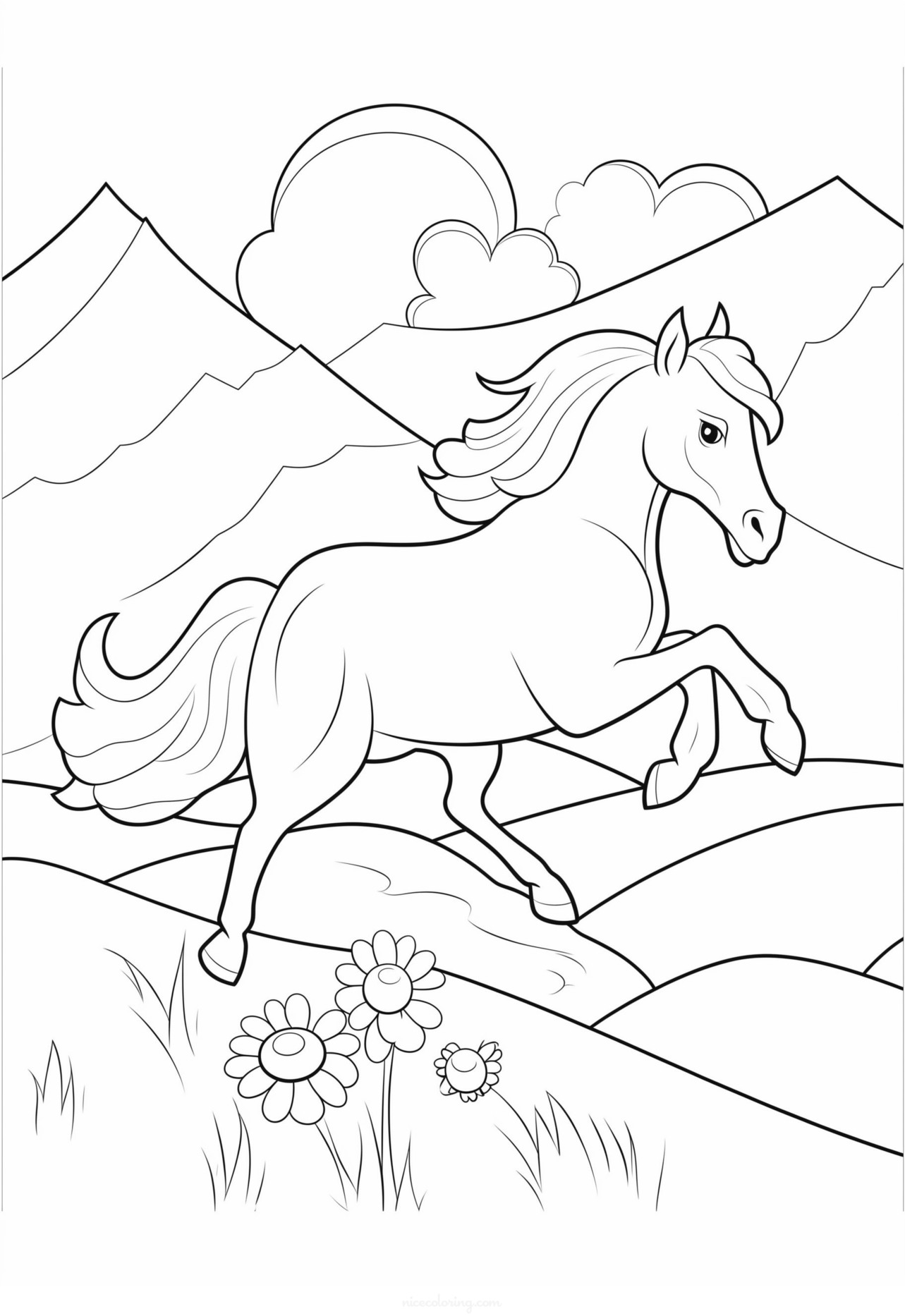 野原に立つ馬の塗り絵。