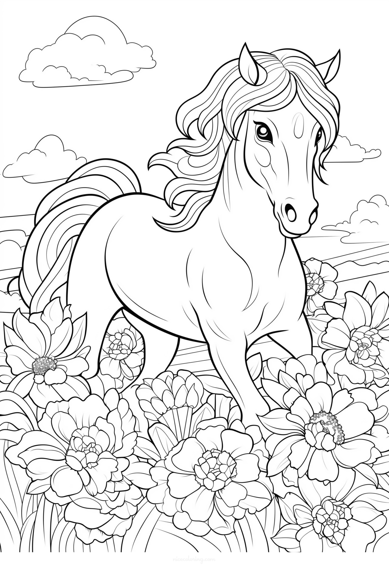 Página de colorear mostrando un caballo corriendo en el campo