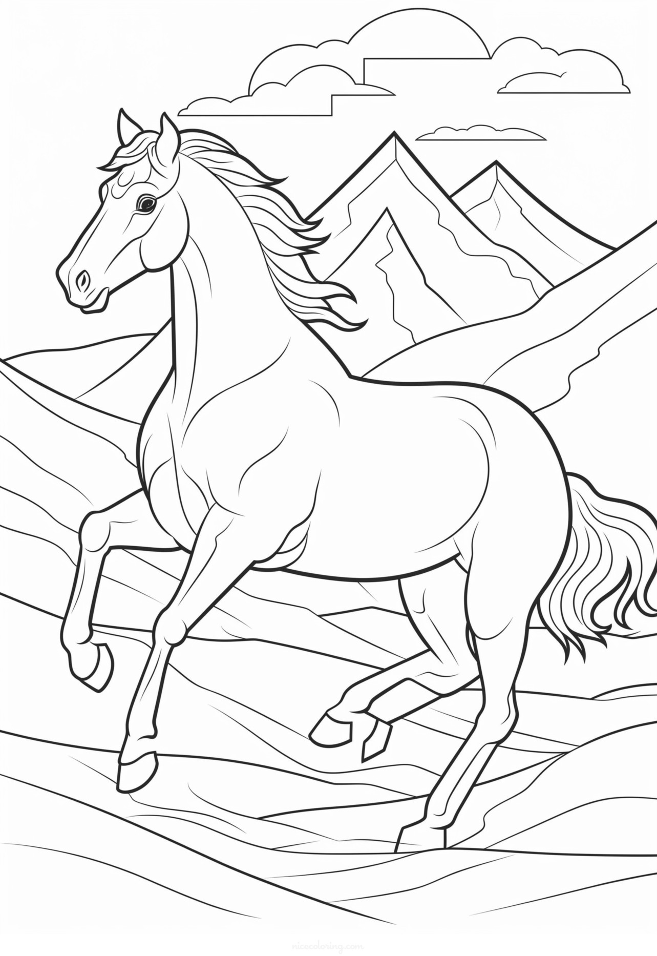 Gambar kuda dengan surai tergerai untuk diwarnai