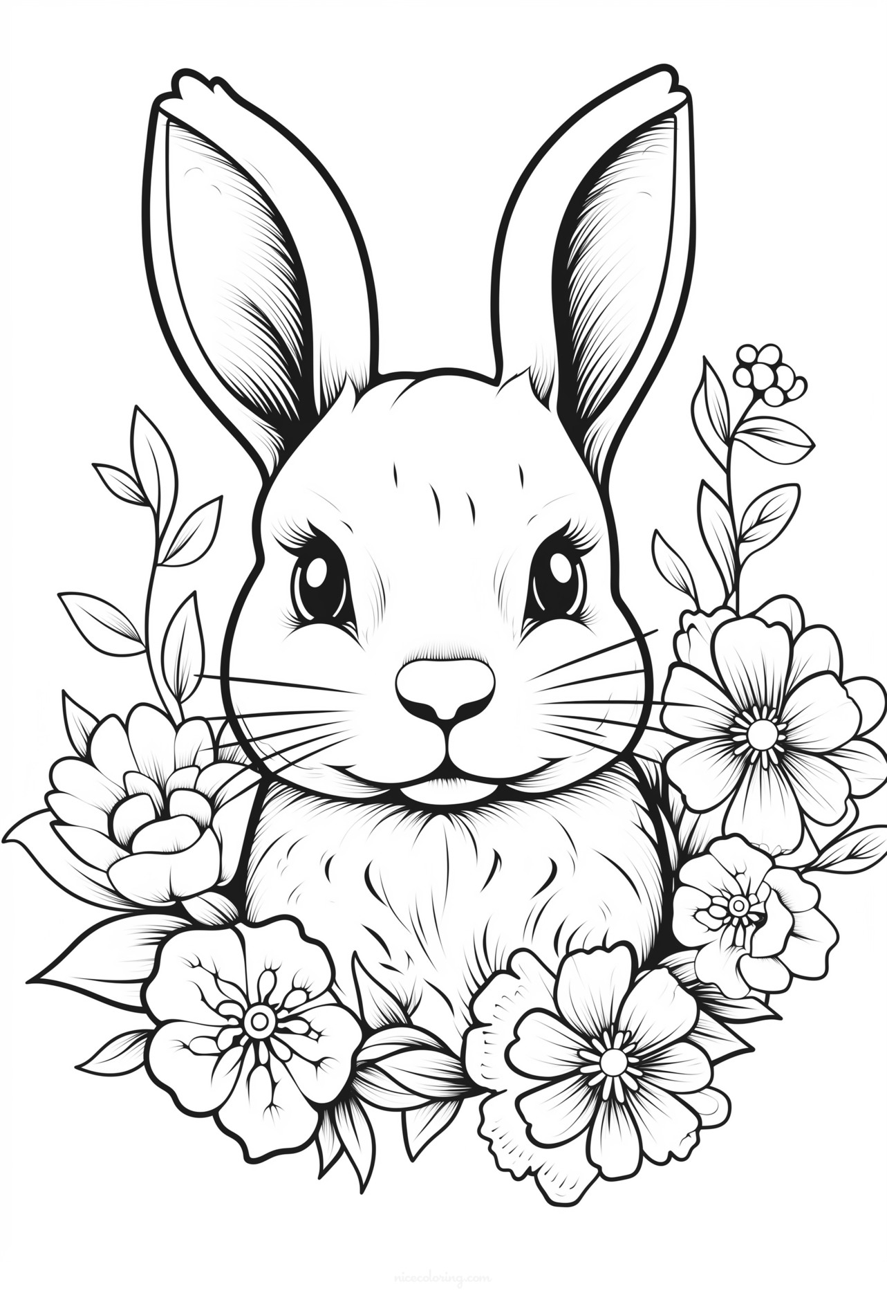 꽃에 둘러싸인 귀여운 토끼