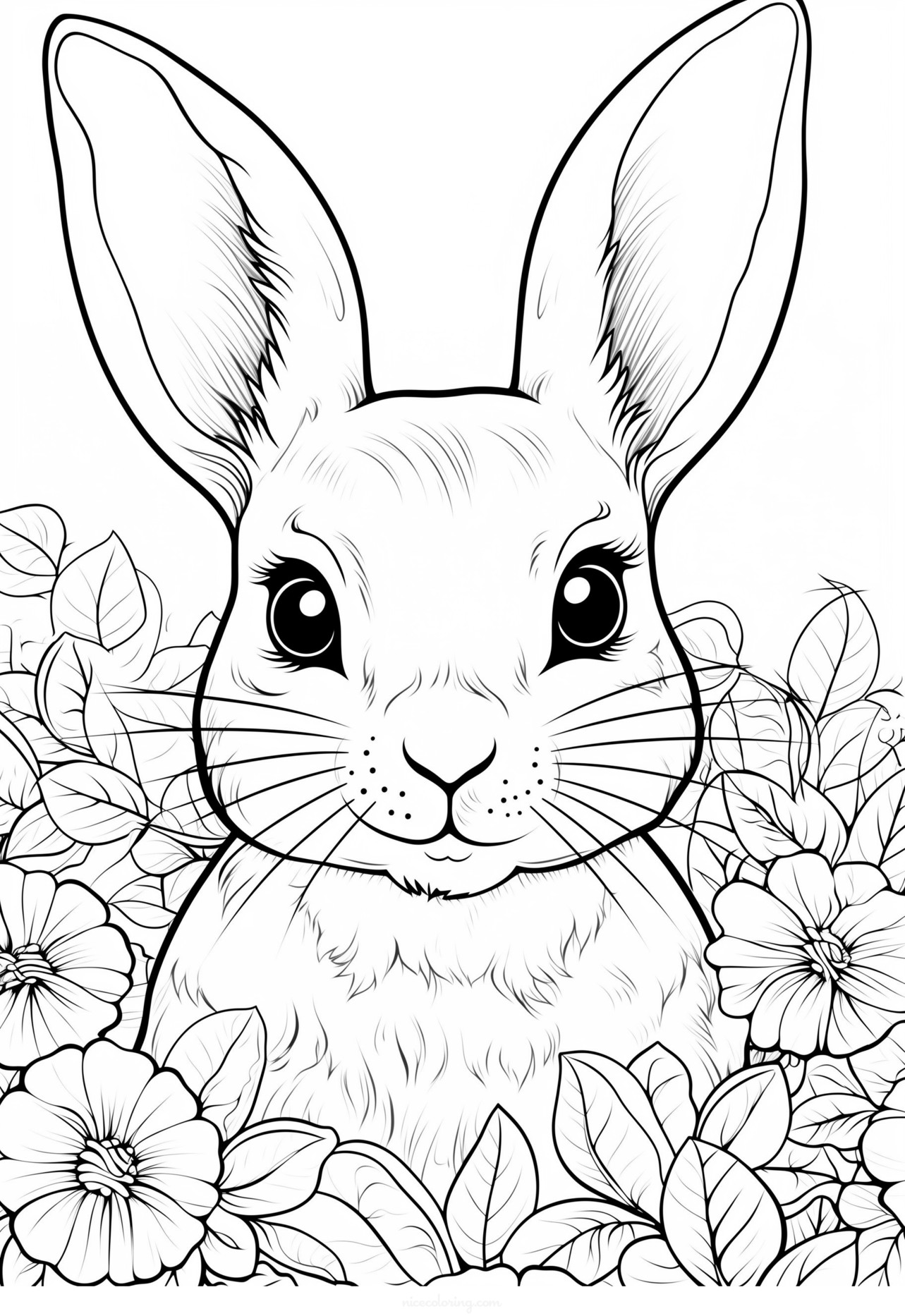 꽃으로 둘러싸인 귀여운 토끼 색칠 페이지