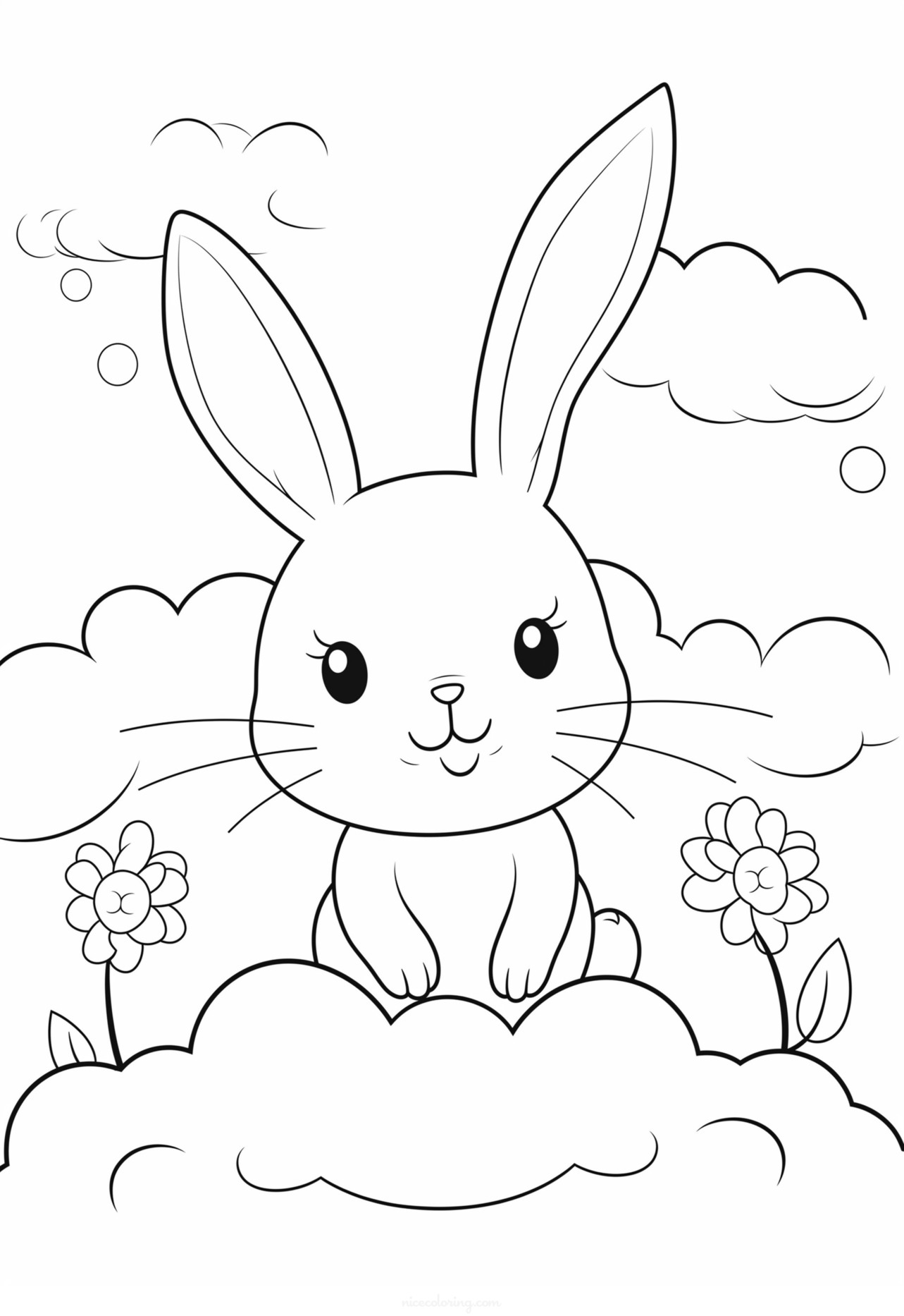 꽃으로 둘러싸인 귀여운 토끼